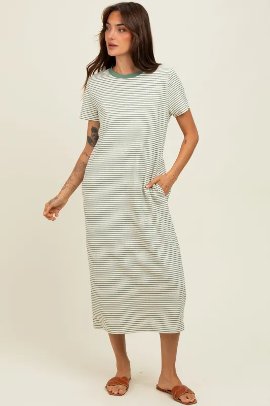 Olive Striped Short Sleeve Midi T-Shirt Dress sold by Pinkblush