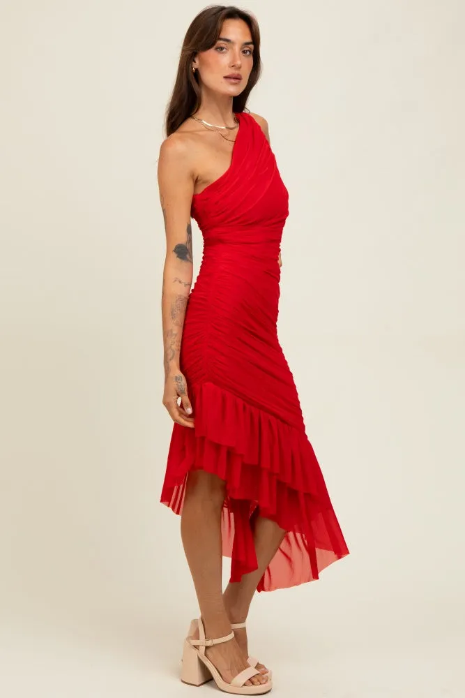 Red Ruched Mesh One Shoulder Asymmetric Dress sold by Pinkblush product image thumbnail 3