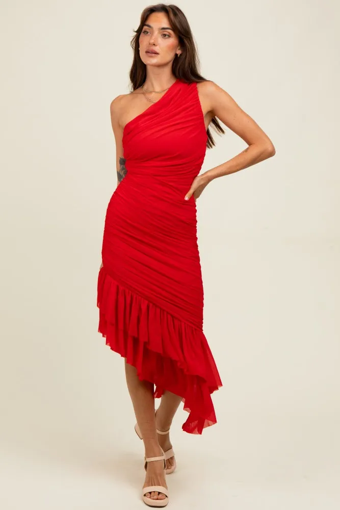 Red Ruched Mesh One Shoulder Asymmetric Dress sold by Pinkblush