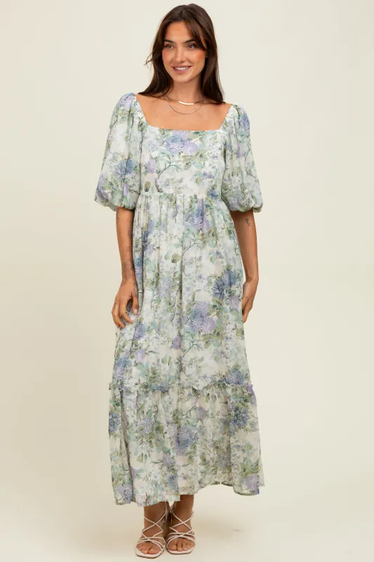 Lavender Floral Square Neck Puffed Sleeve Maxi Dress sold by Pinkblush