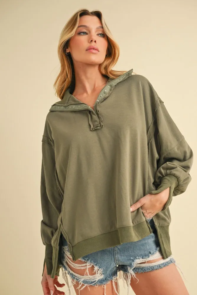 Olive Snap Button Pullover Henley Maternity Sweatshirt sold by Pinkblush product image thumbnail 5