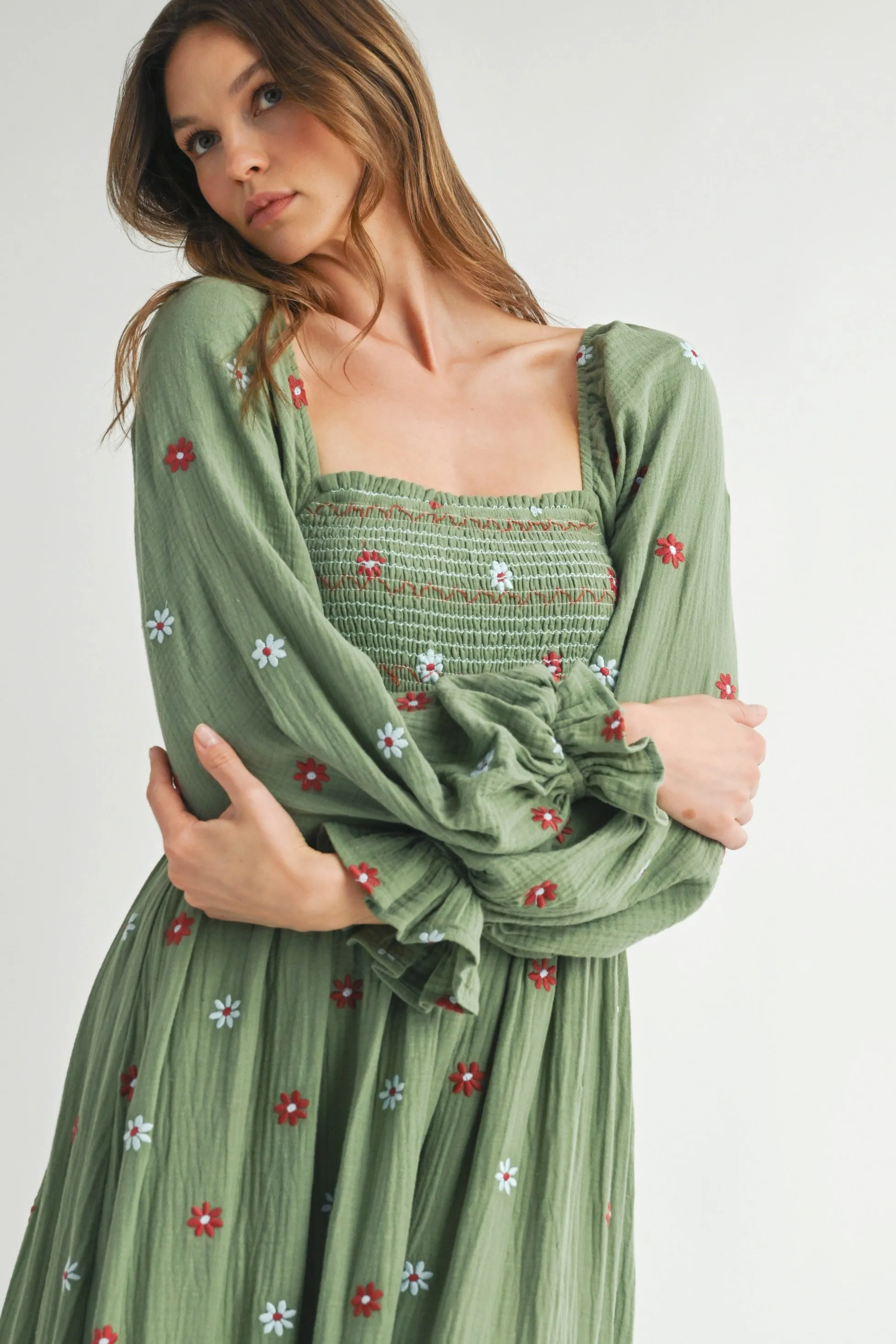 Olive Long Sleeve Floral Accent Dress sold by Pinkblush product image thumbnail 5