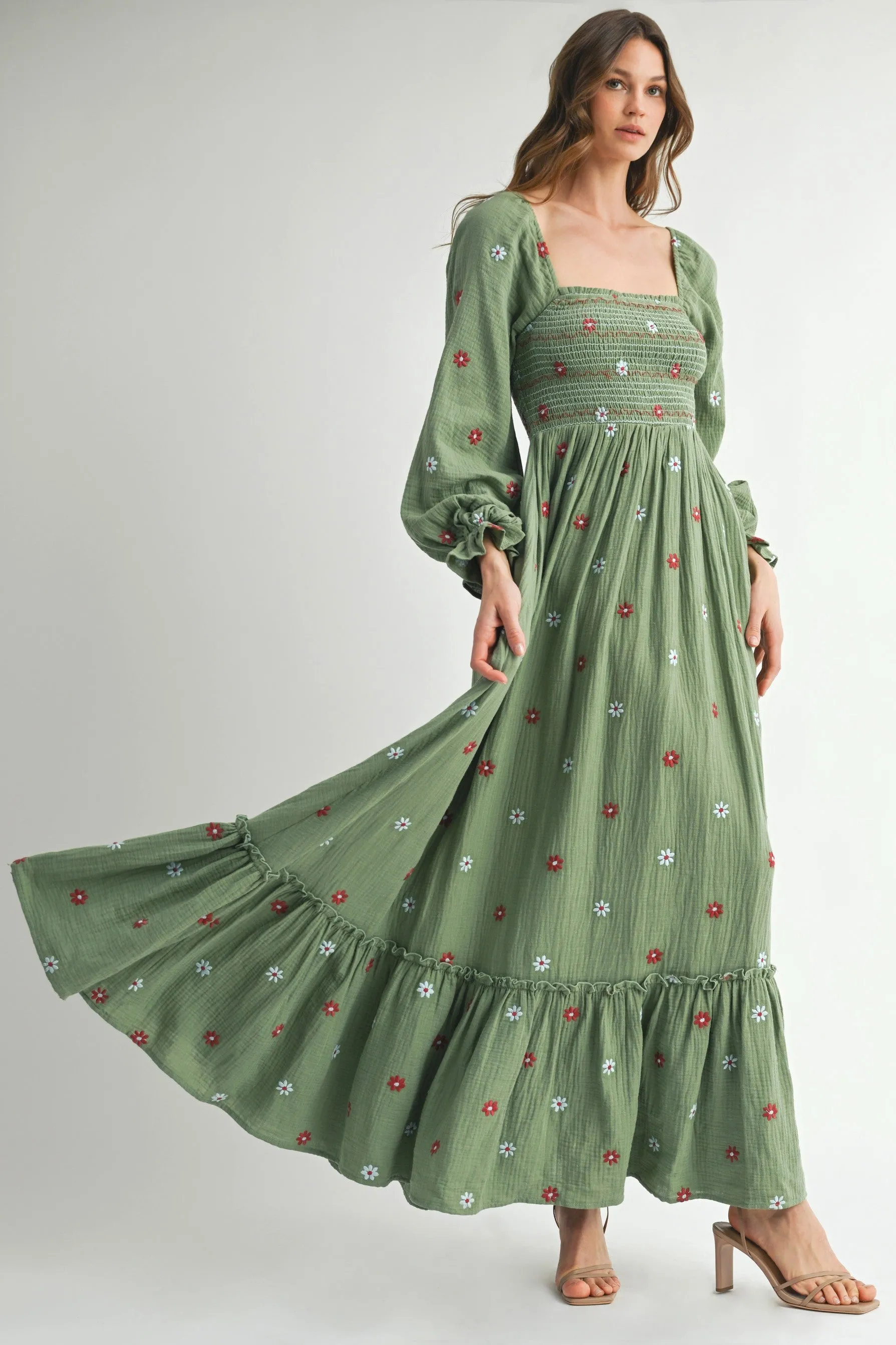 Olive Long Sleeve Floral Accent Dress sold by Pinkblush product image thumbnail 2