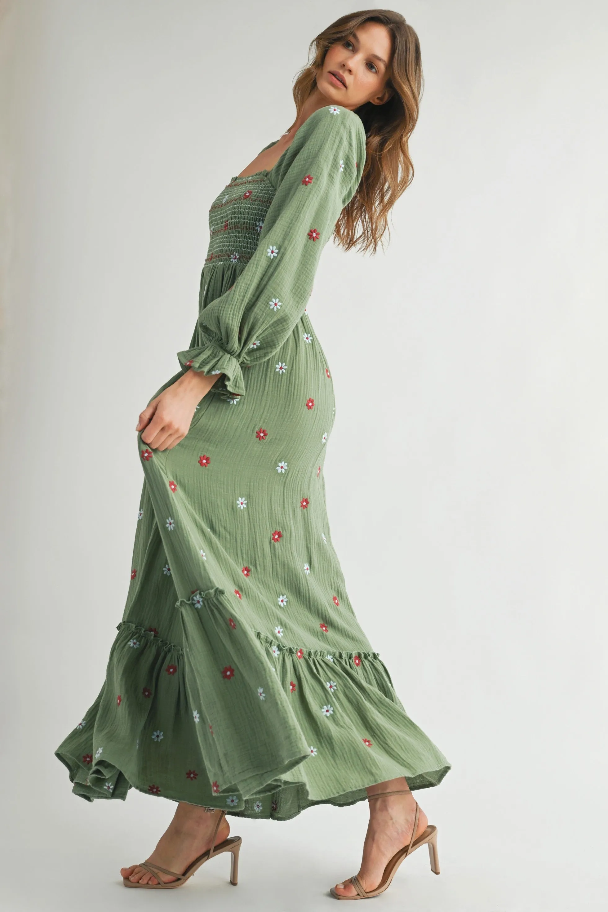 Olive Long Sleeve Floral Accent Dress sold by Pinkblush product image thumbnail 3