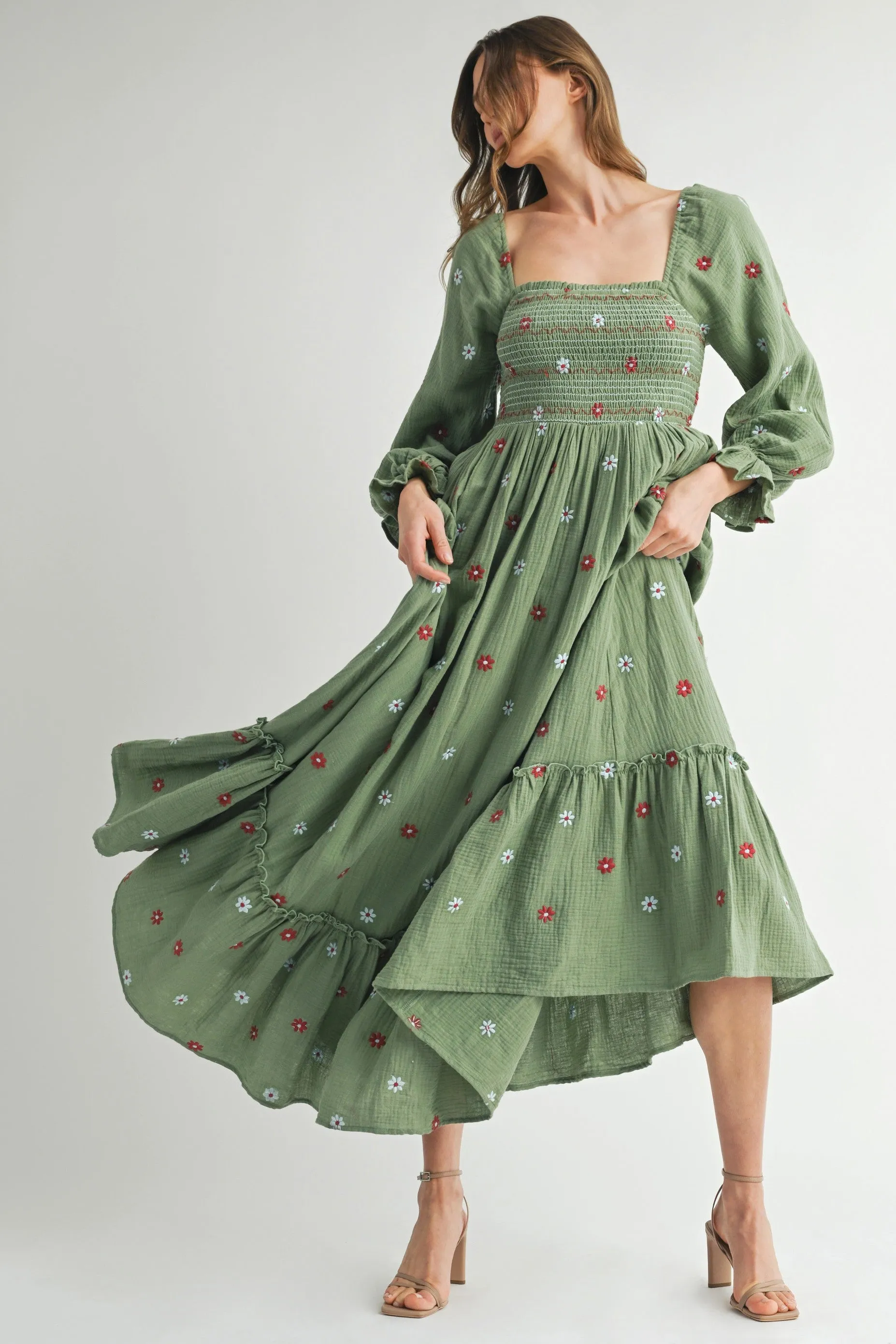 Olive Long Sleeve Floral Accent Dress sold by Pinkblush