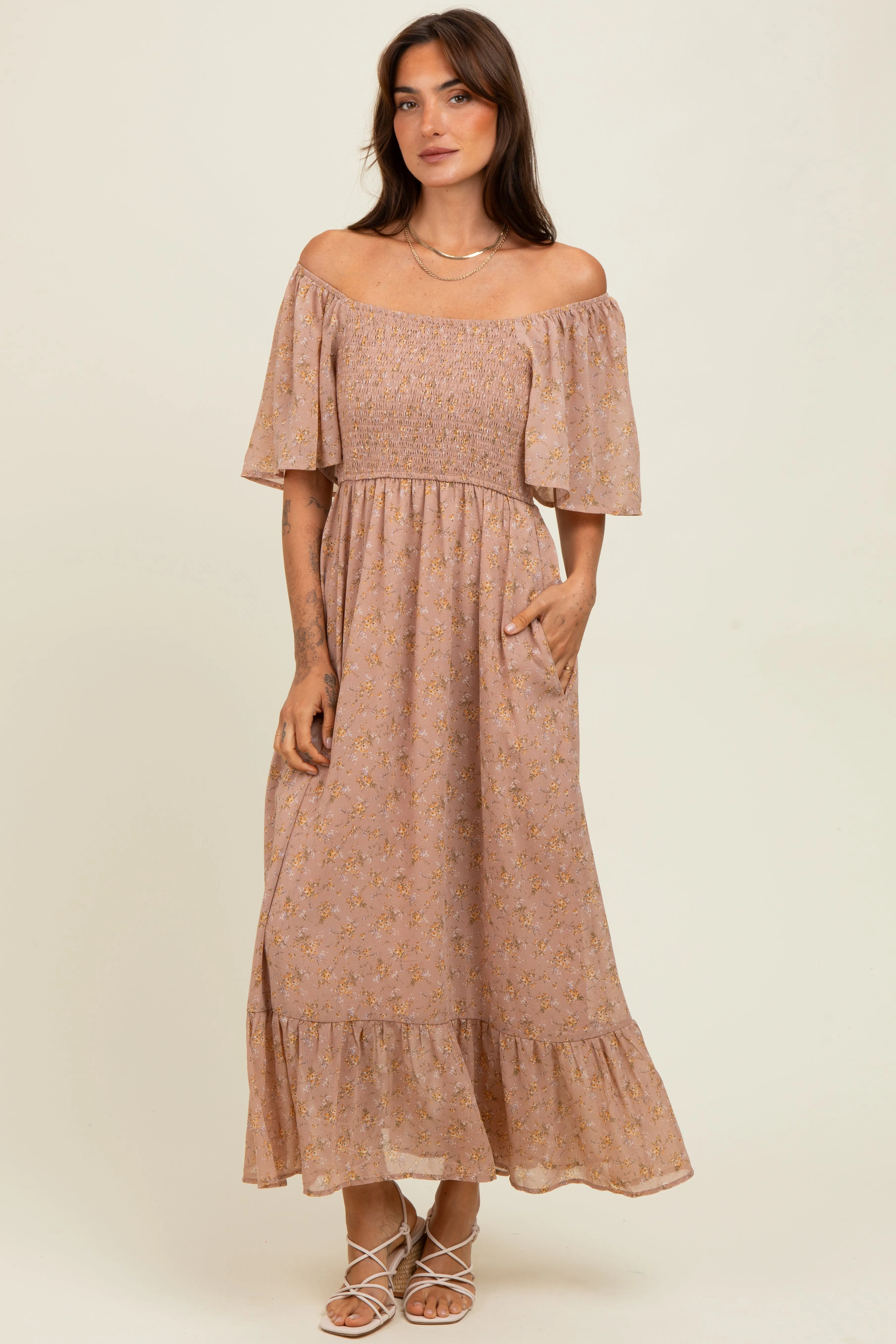Mauve Floral Flutter Sleeve Ruffle Hem Midi Dress sold by Pinkblush product image thumbnail 2