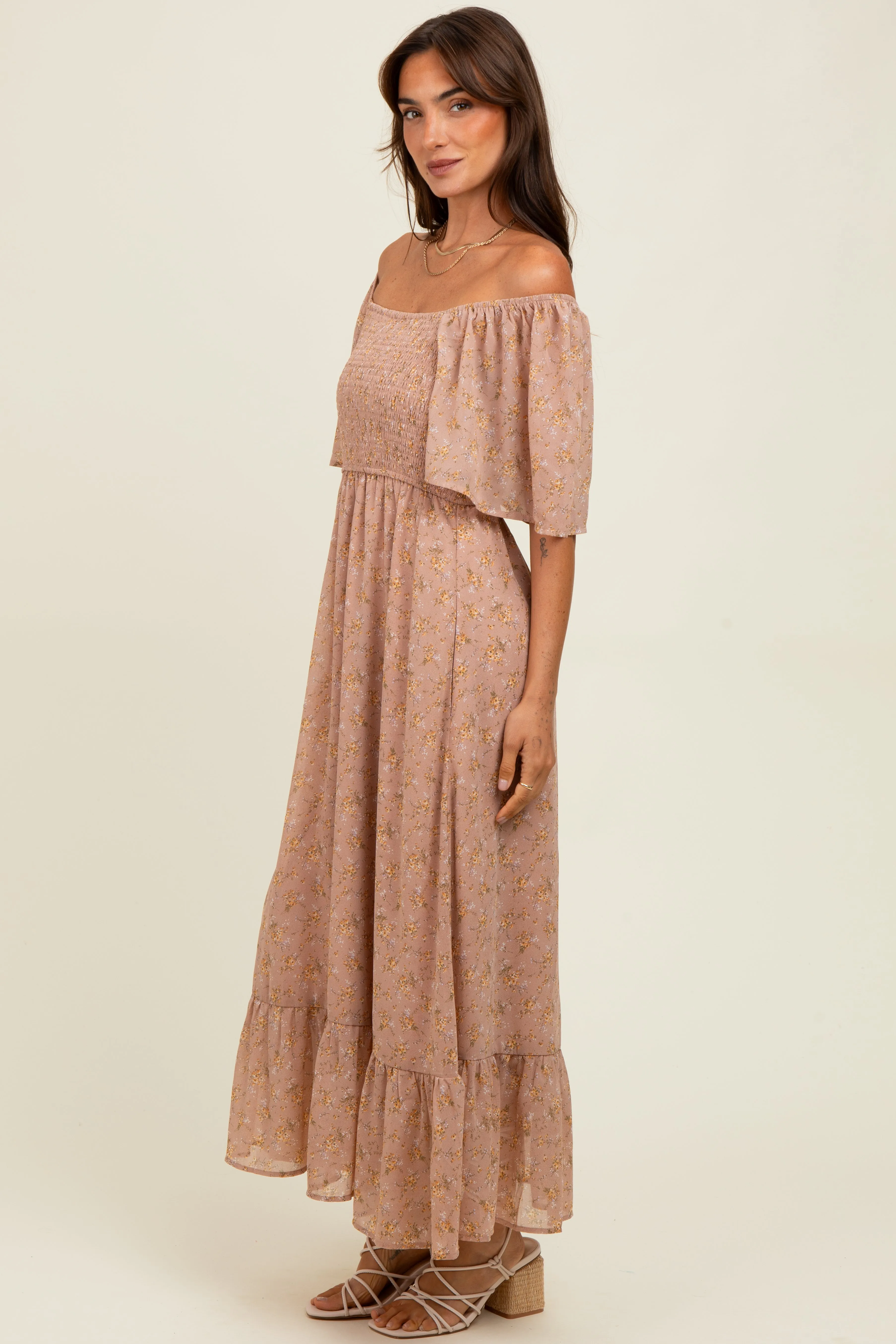 Mauve Floral Flutter Sleeve Ruffle Hem Midi Dress sold by Pinkblush product image thumbnail 3