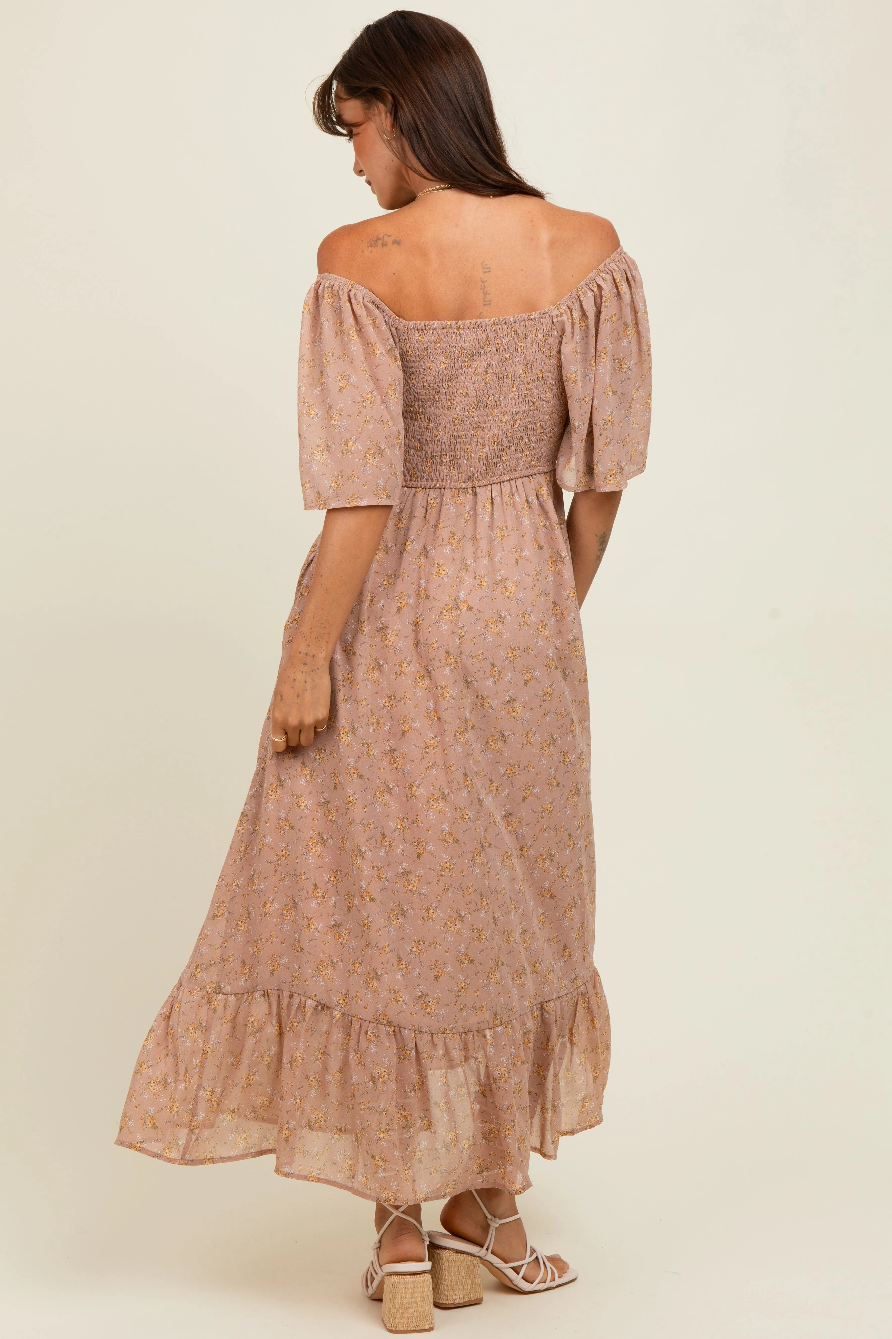 Mauve Floral Flutter Sleeve Ruffle Hem Midi Dress sold by Pinkblush product image thumbnail 4