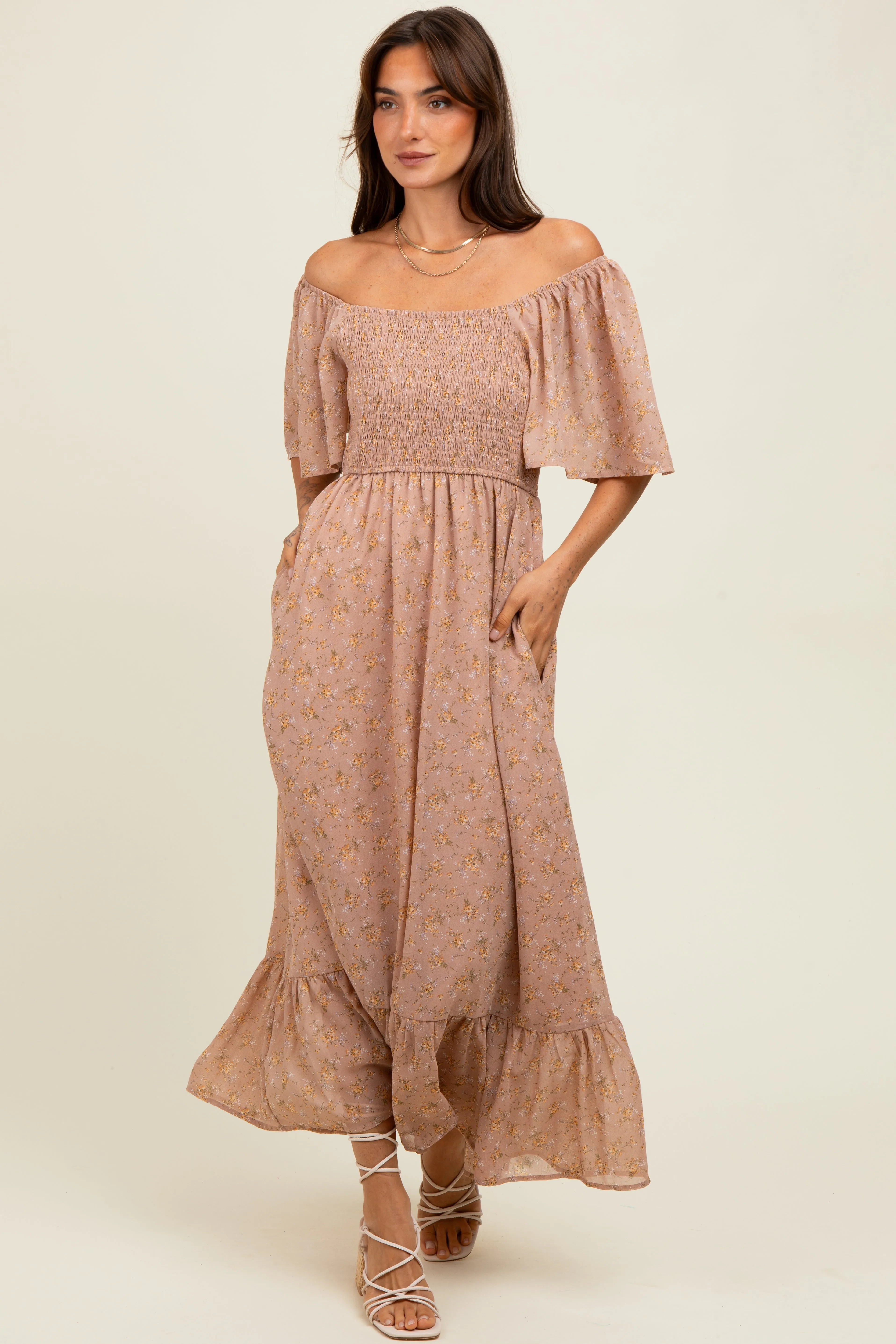 Mauve Floral Flutter Sleeve Ruffle Hem Midi Dress sold by Pinkblush