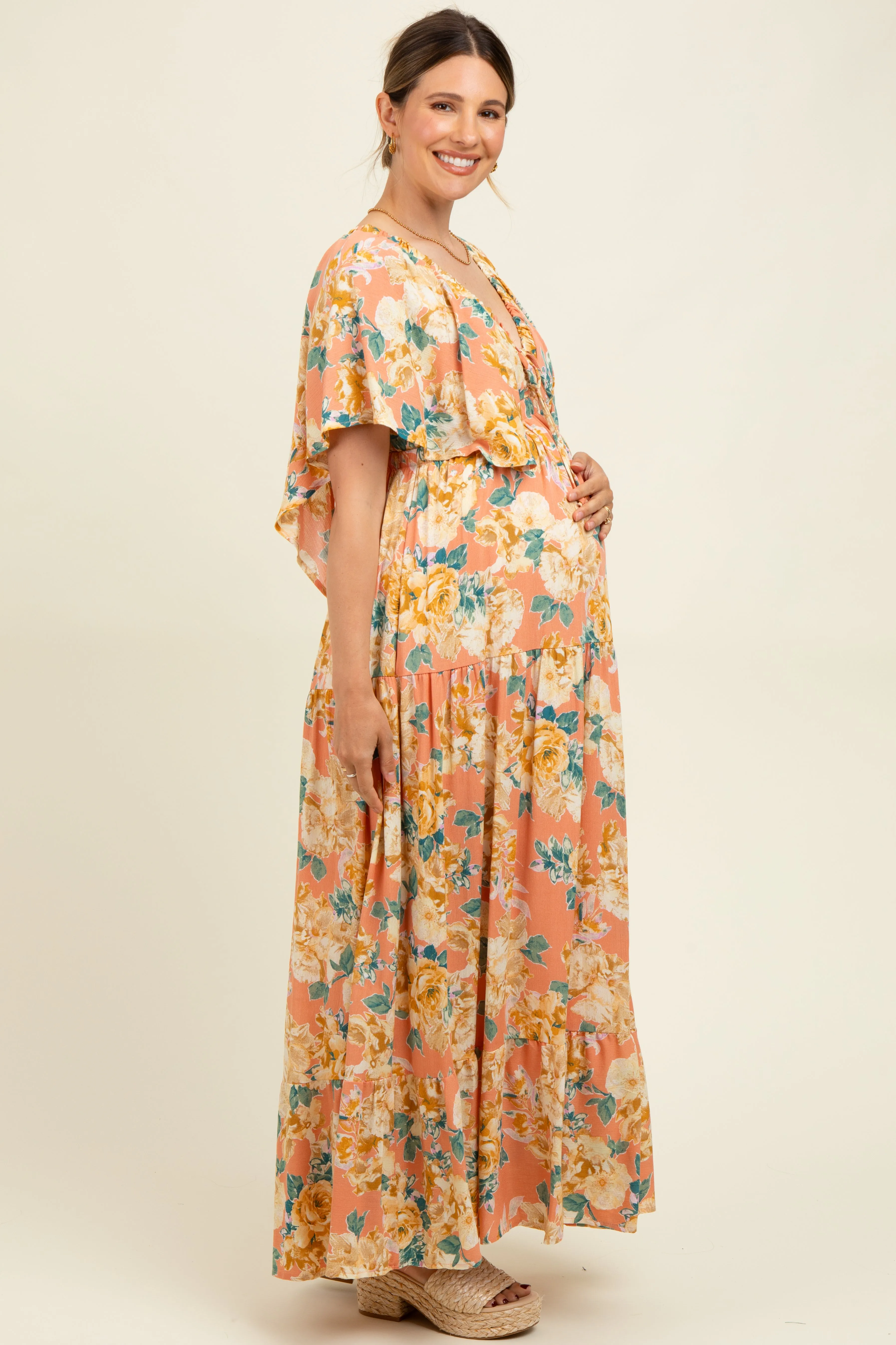 Salmon Floral Flyway Sleeve V-Neck Tiered Maternity Maxi Dress sold by Pinkblush product image thumbnail 3