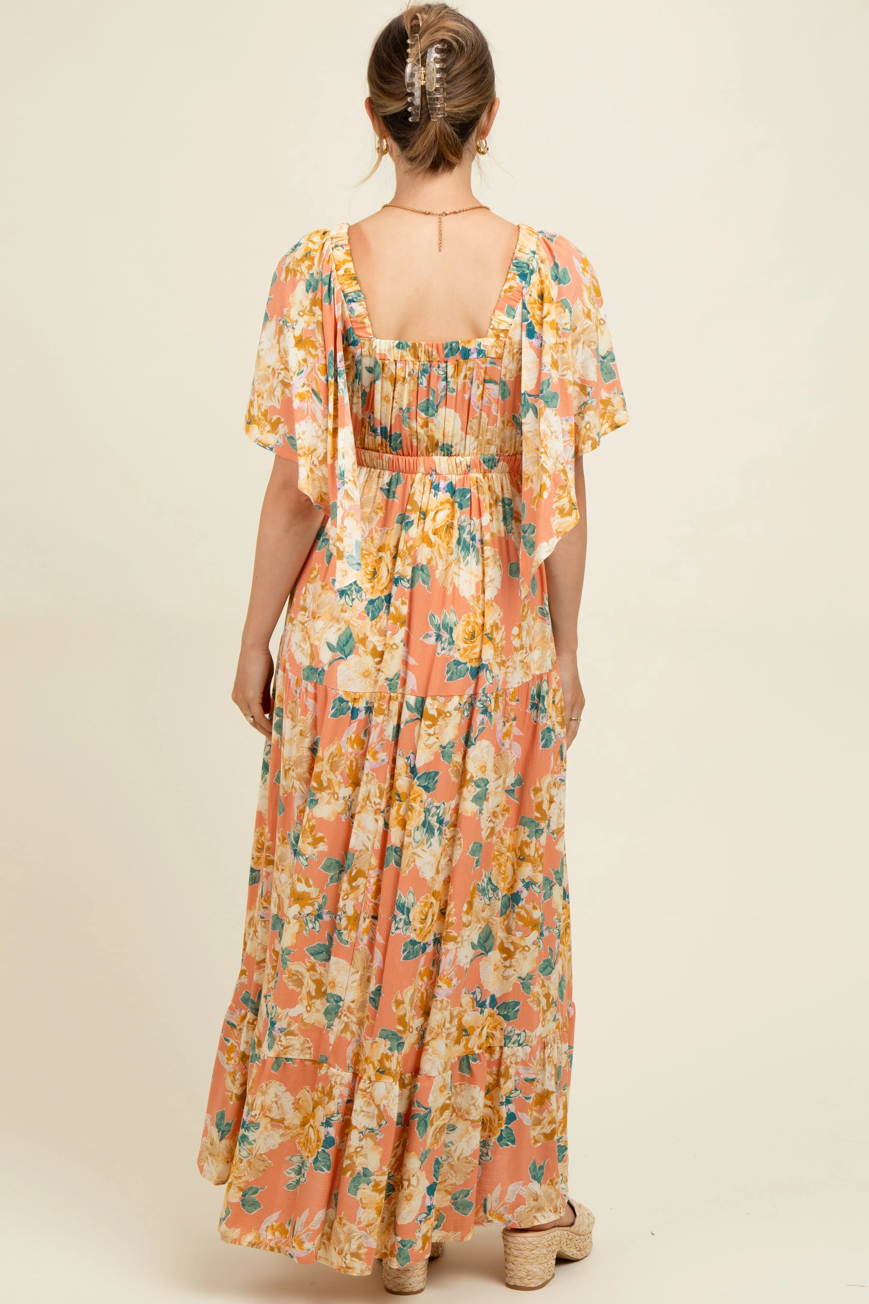 Salmon Floral Flyway Sleeve V-Neck Tiered Maternity Maxi Dress sold by Pinkblush product image thumbnail 4