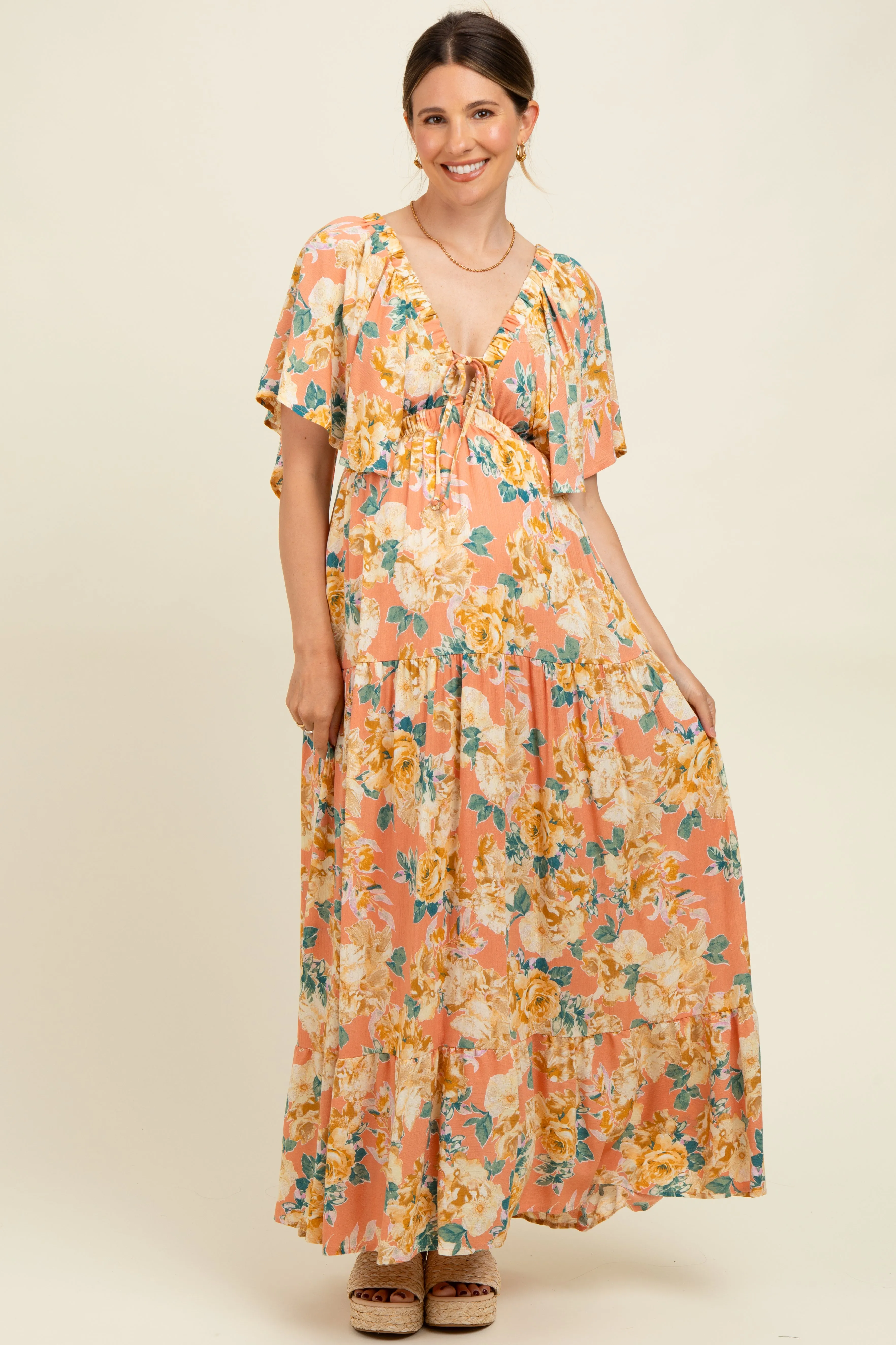 Salmon Floral Flyway Sleeve V-Neck Tiered Maternity Maxi Dress sold by Pinkblush