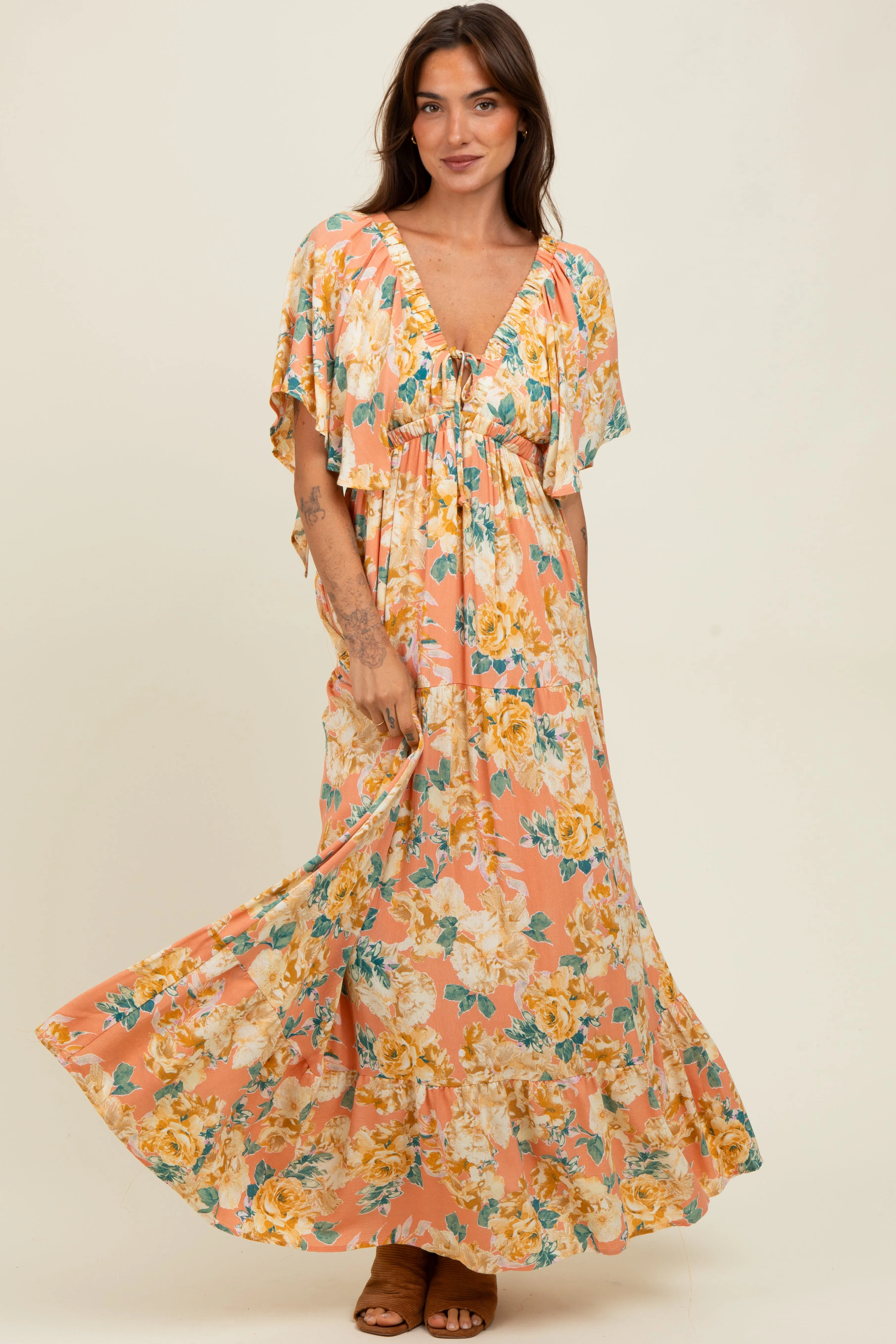Salmon Floral Flyway Sleeve V-Neck Tiered Maternity Maxi Dress sold by Pinkblush product image thumbnail 5