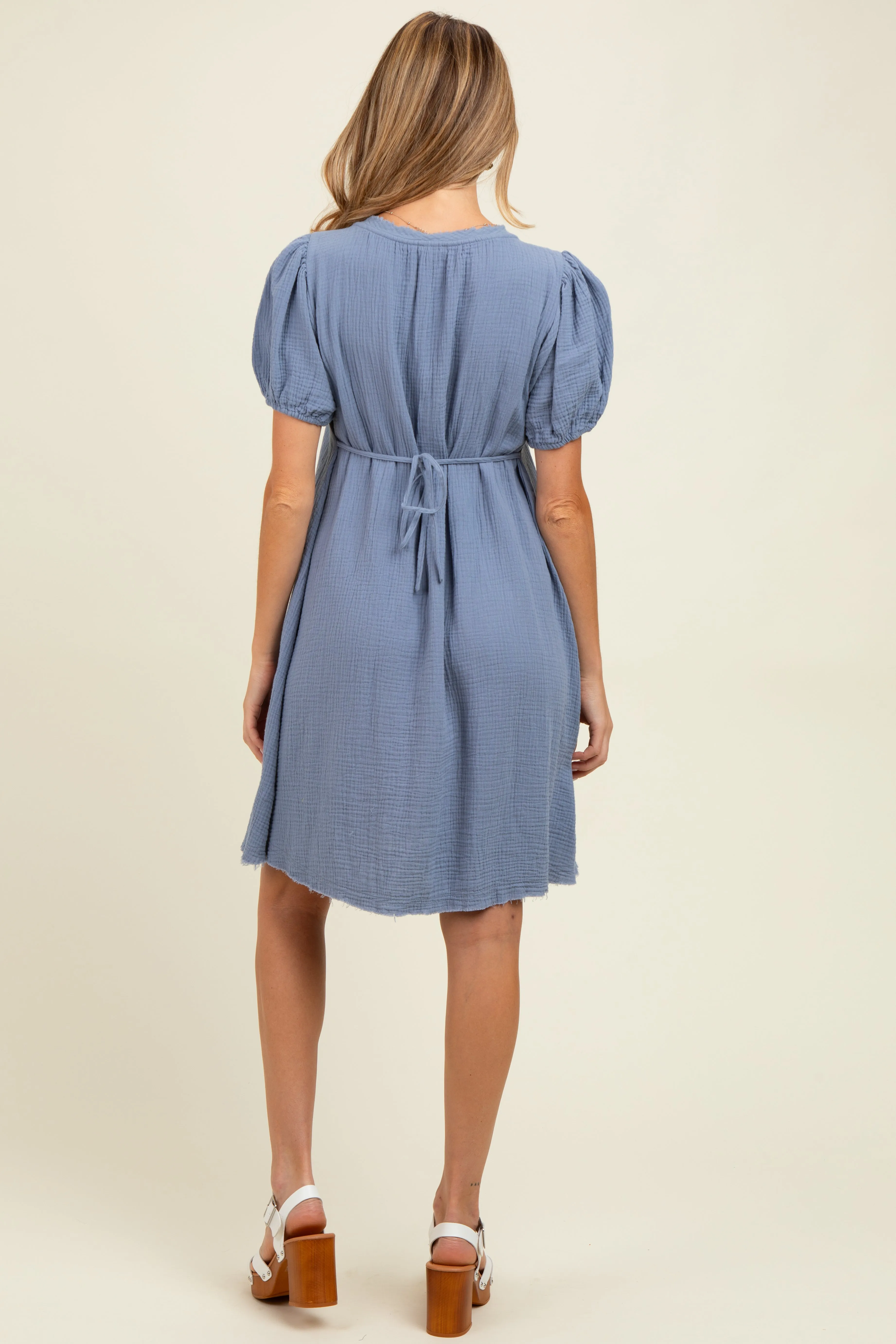 Blue Pintuck Detailed Cotton Double Gauze Maternity Mini Dress sold by Pinkblush product image thumbnail 4