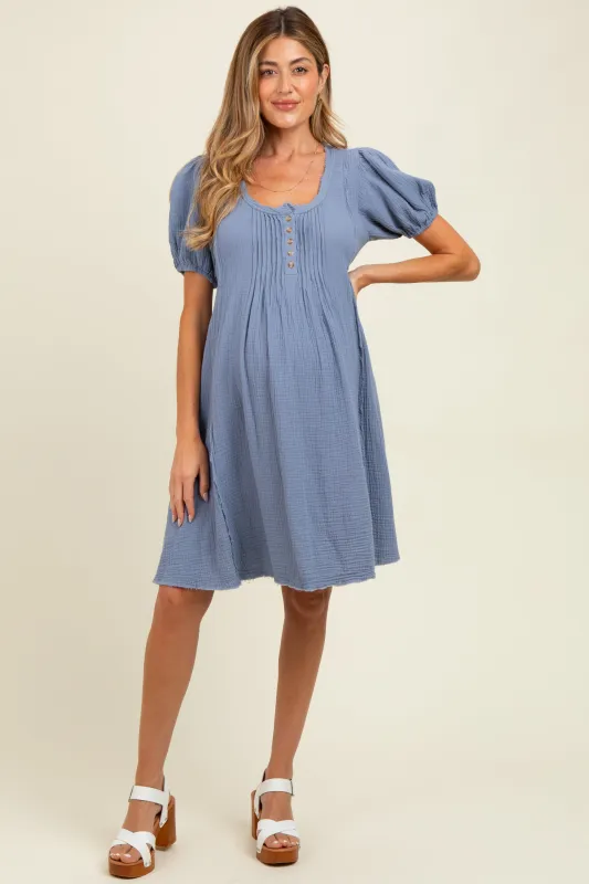 Blue Pintuck Detailed Cotton Double Gauze Maternity Mini Dress sold by Pinkblush