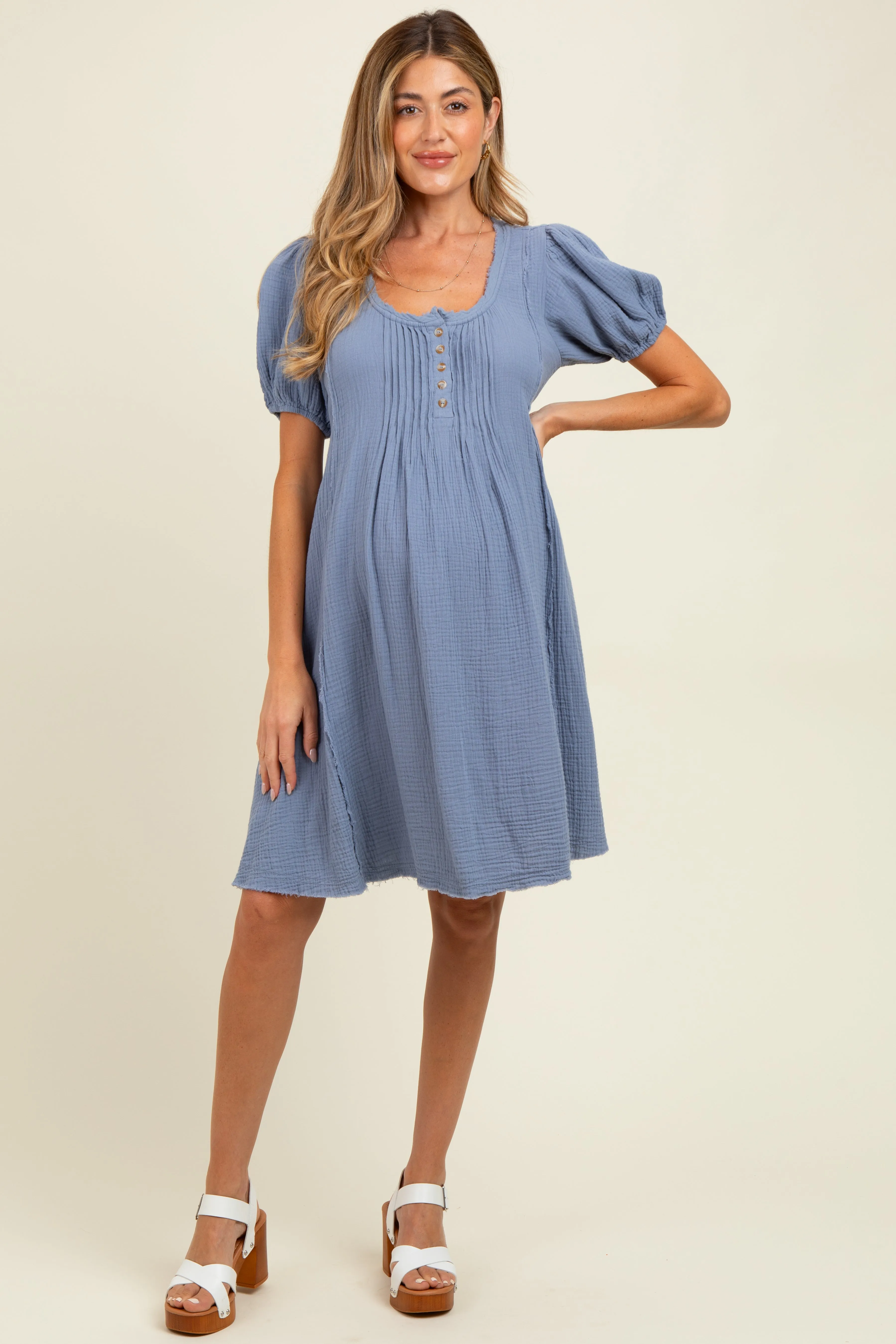 Blue Pintuck Detailed Cotton Double Gauze Maternity Mini Dress sold by Pinkblush