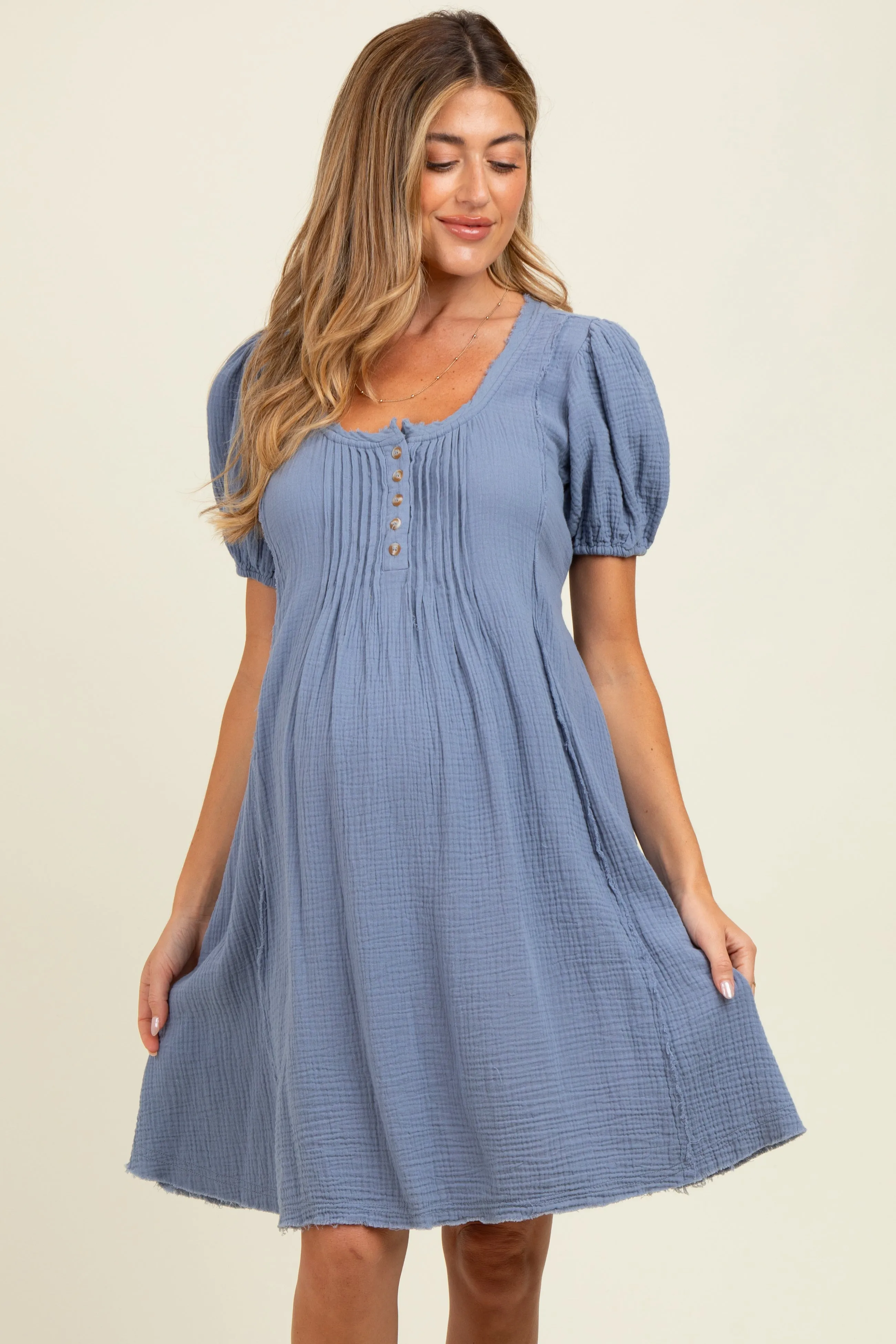 Blue Pintuck Detailed Cotton Double Gauze Maternity Mini Dress sold by Pinkblush product image thumbnail 2