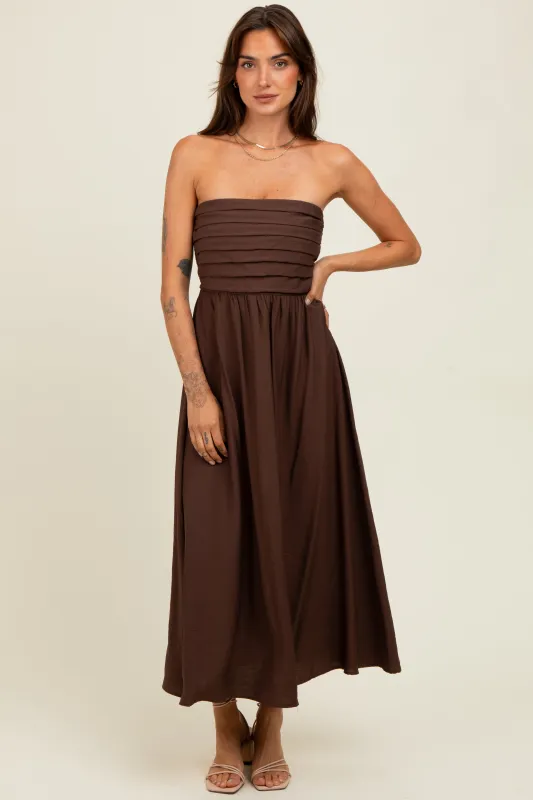 Brown Pleated Bodice Strapless Midi Dress sold by Pinkblush