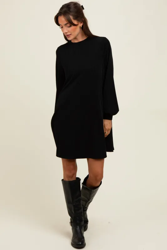 Black Ribbed Mock Neck Bubble Sleeve Dress sold by Pinkblush