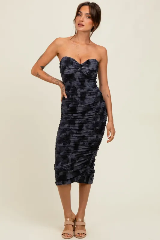 Charcoal Mesh Velvet Strapless Ruched Midi Dress sold by Pinkblush
