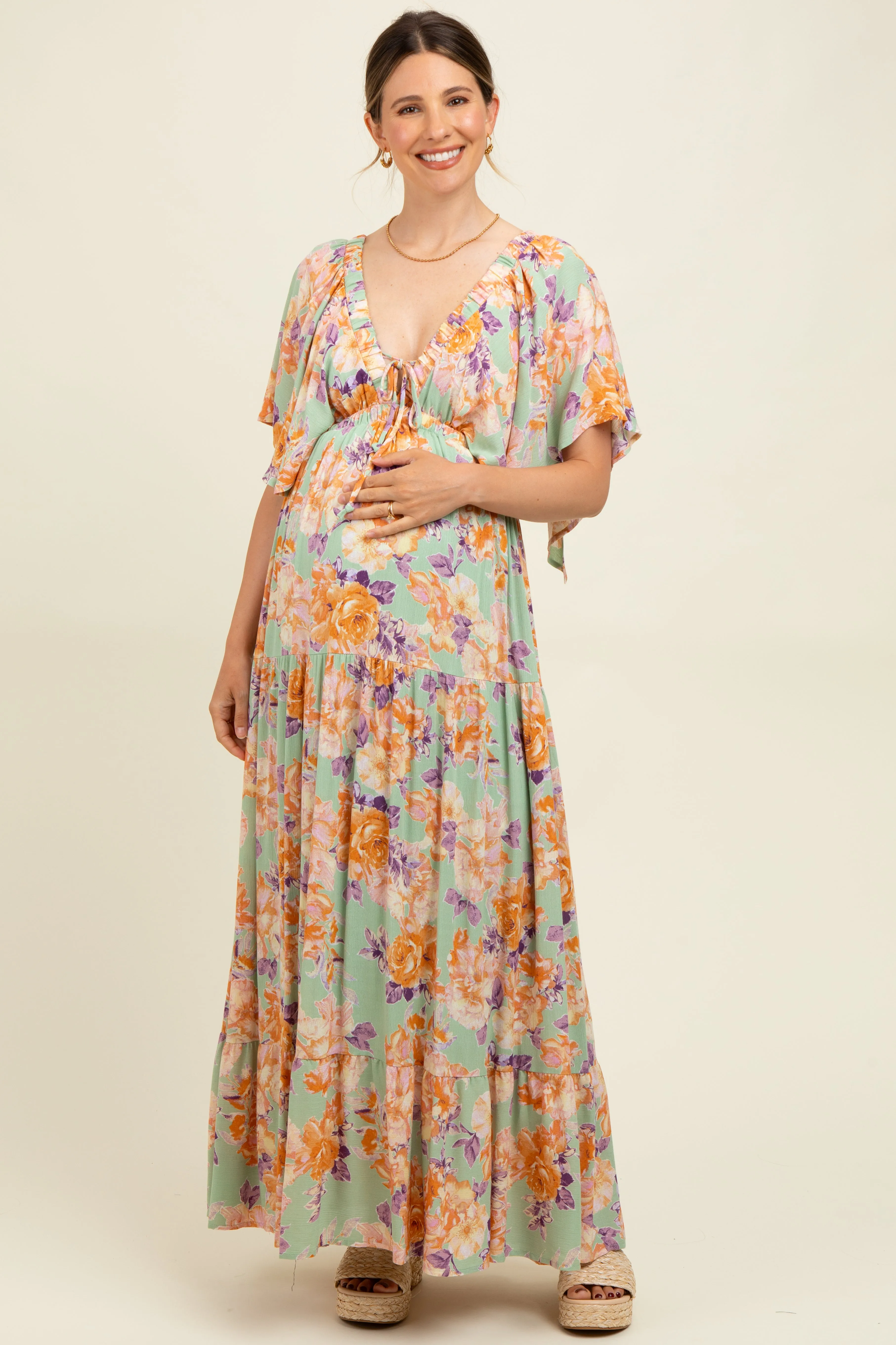 Sage Floral Flyway Sleeve V-Neck Tiered Maternity Maxi Dress sold by Pinkblush product image thumbnail 2