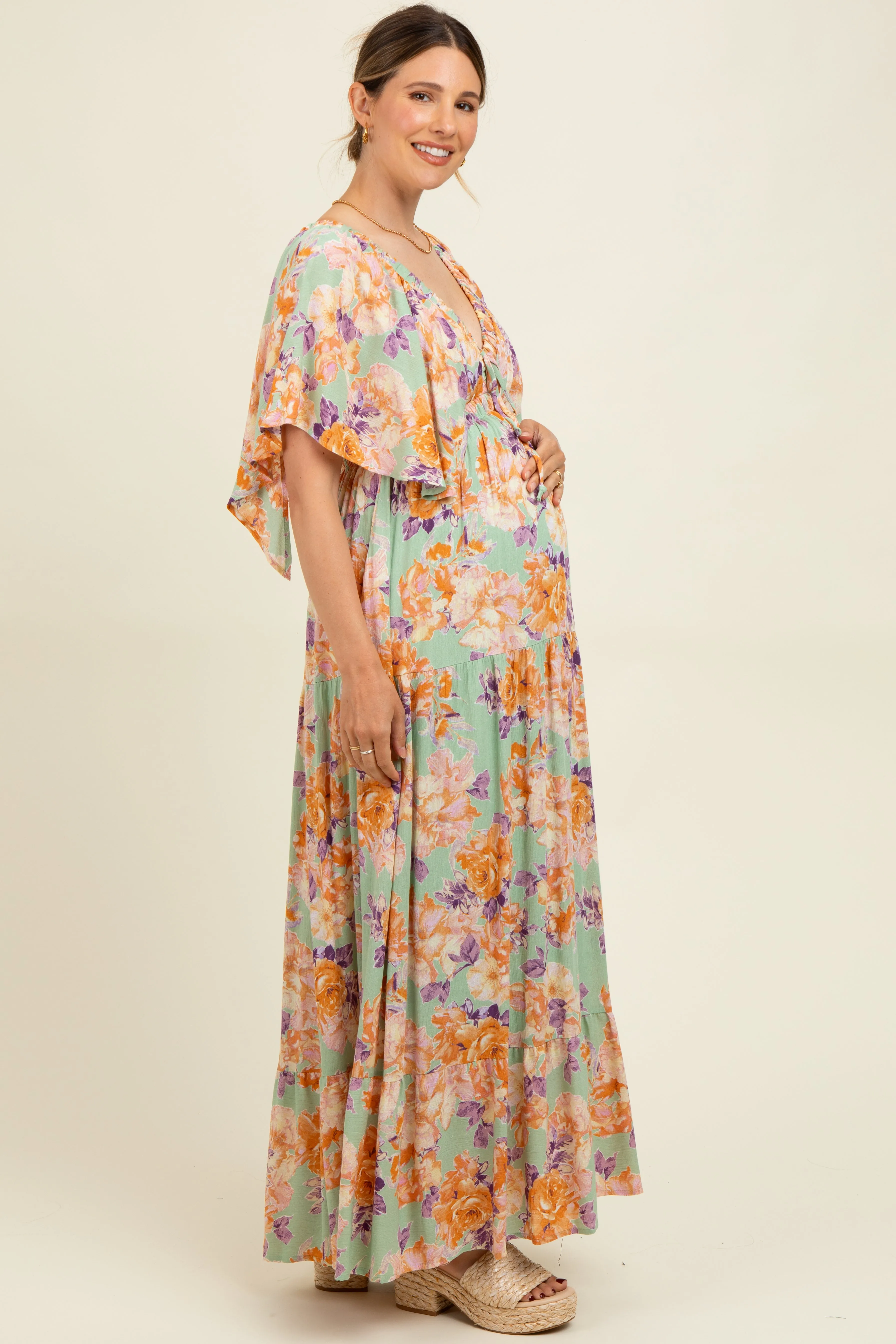 Sage Floral Flyway Sleeve V-Neck Tiered Maternity Maxi Dress sold by Pinkblush product image thumbnail 3