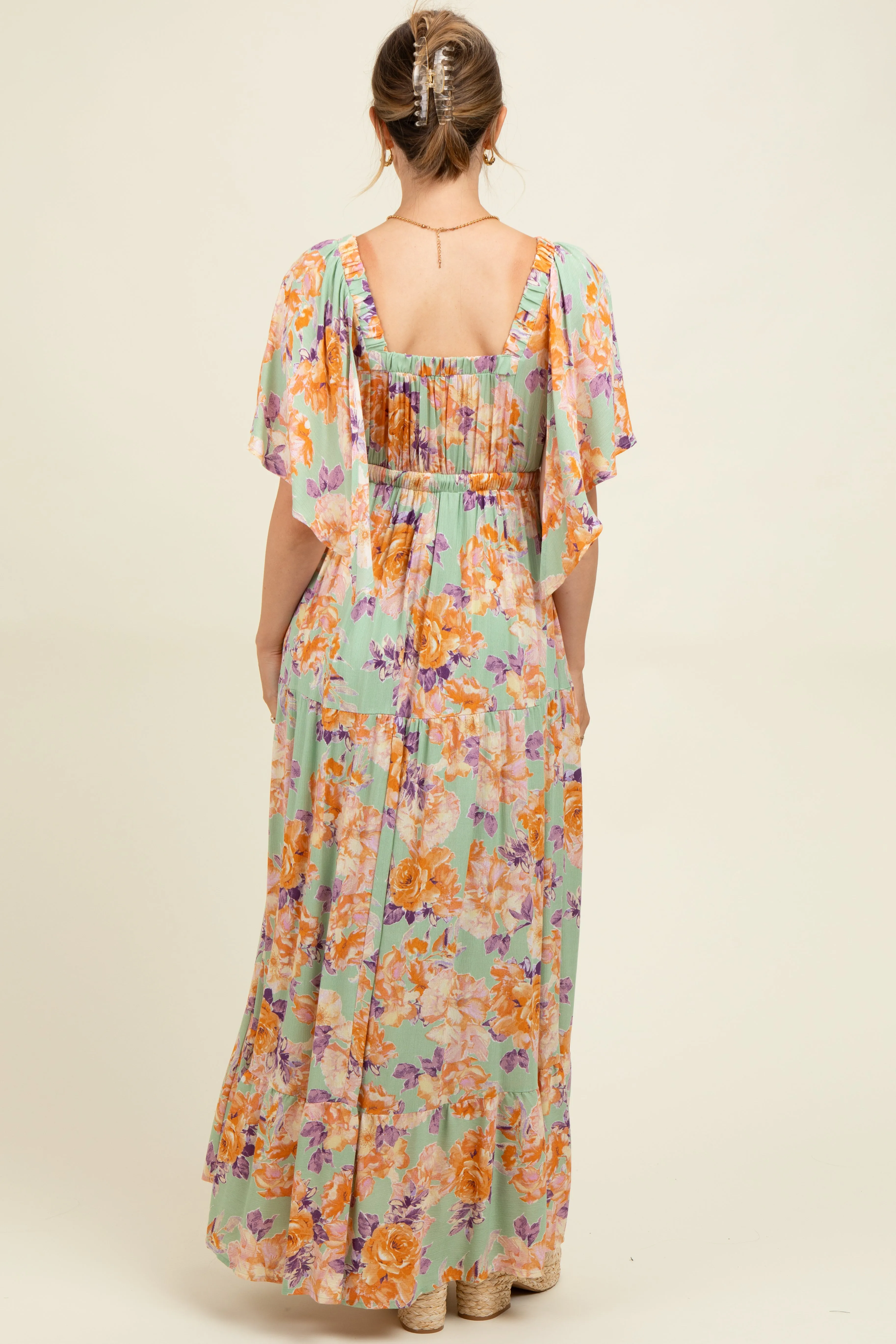 Sage Floral Flyway Sleeve V-Neck Tiered Maternity Maxi Dress sold by Pinkblush product image thumbnail 4