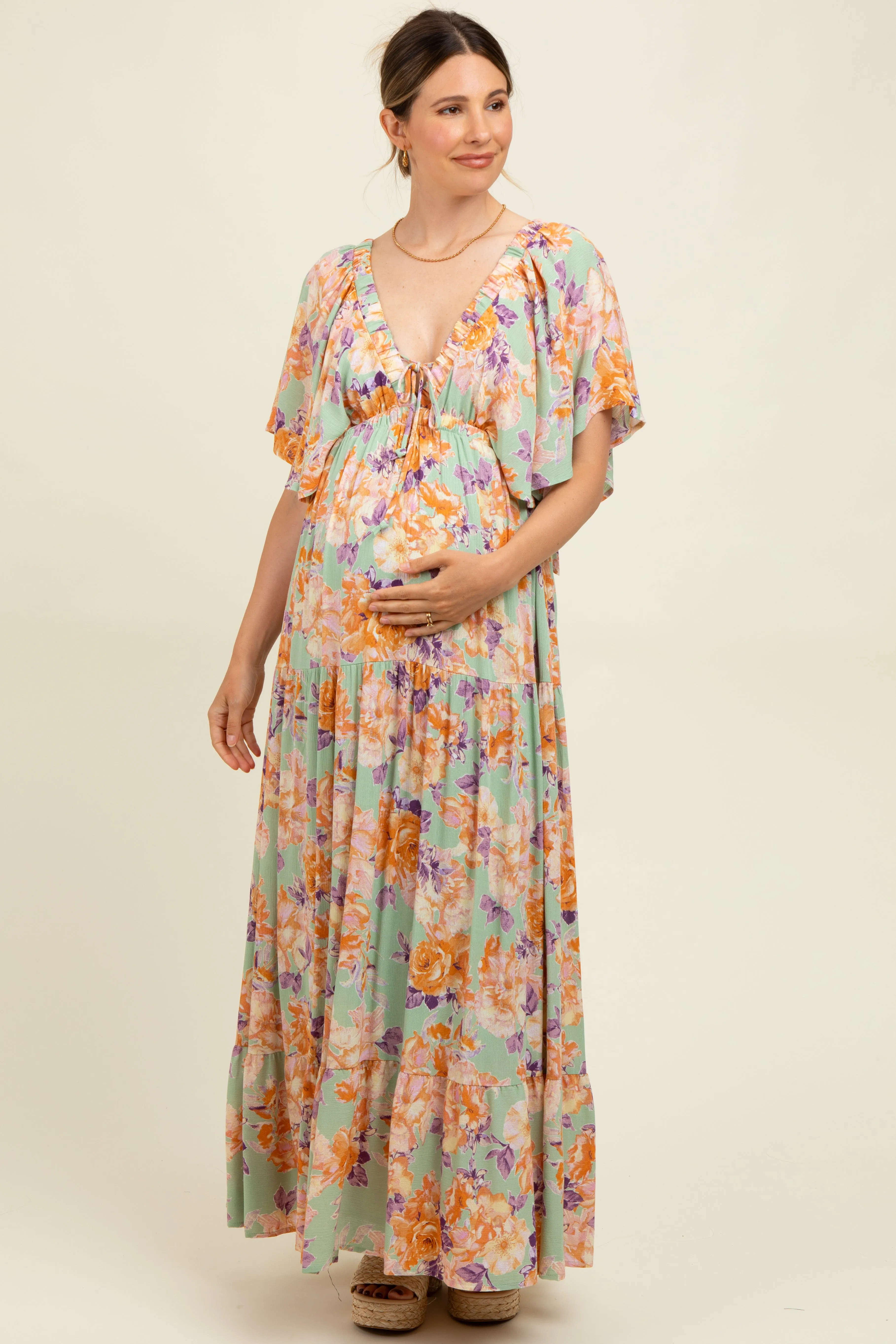 Sage Floral Flyway Sleeve V-Neck Tiered Maternity Maxi Dress sold by Pinkblush
