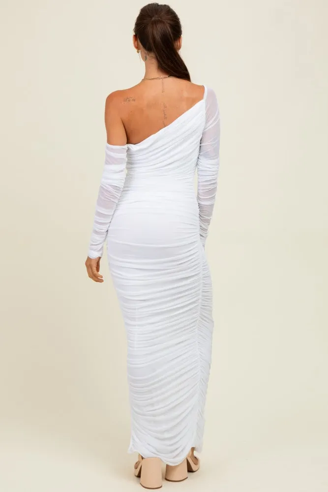 White Ruched Mesh One Shoulder Long Sleeve Maxi Dress sold by Pinkblush product image thumbnail 4