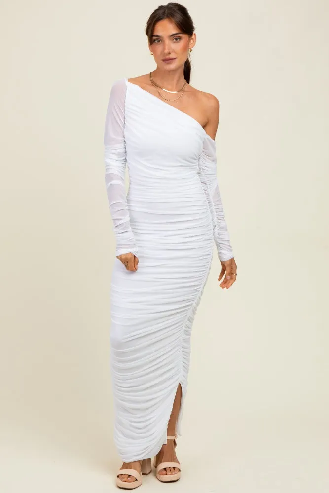 White Ruched Mesh One Shoulder Long Sleeve Maxi Dress sold by Pinkblush