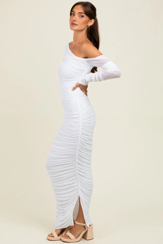 White Ruched Mesh One Shoulder Long Sleeve Maxi Dress sold by Pinkblush product image thumbnail 3