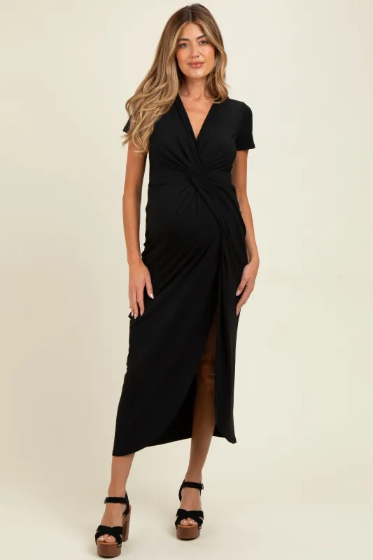 Black Gathered Front Short Sleeve Maternity Maxi Dress made by Chris & Carol