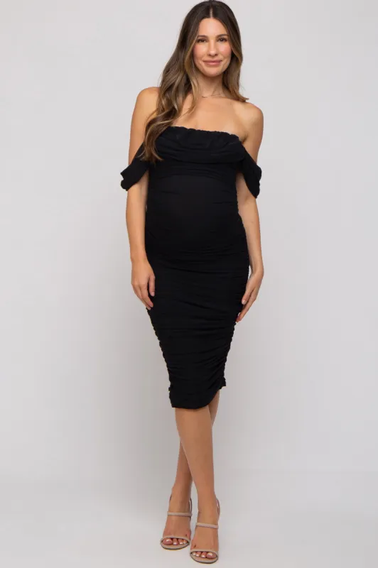 Black Ruched Off Shoulder Maternity Dress sold by Pinkblush