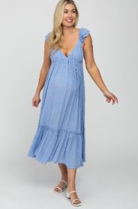 Light Blue Ruffle Accent Maternity Maxi Dress sold by Pinkblush