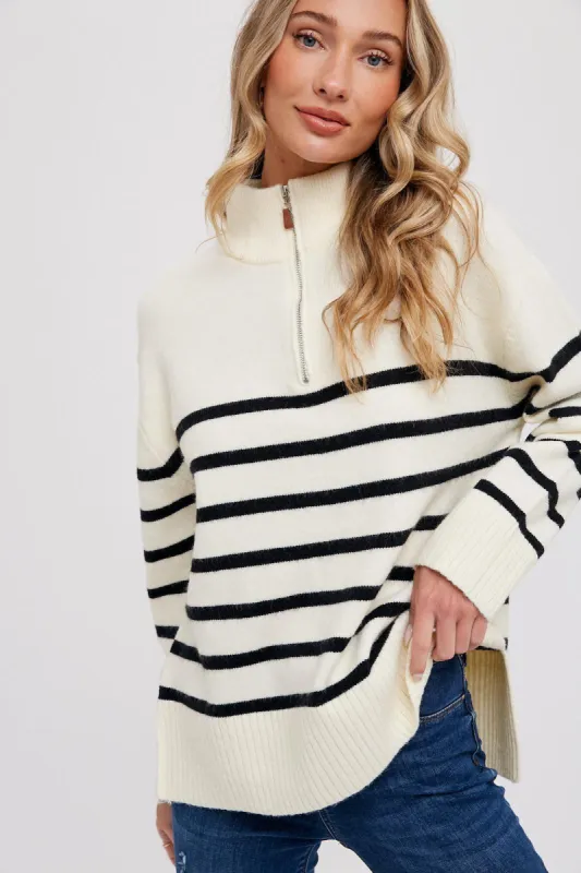 Ivory Striped Half Zip Sweater sold by Pinkblush