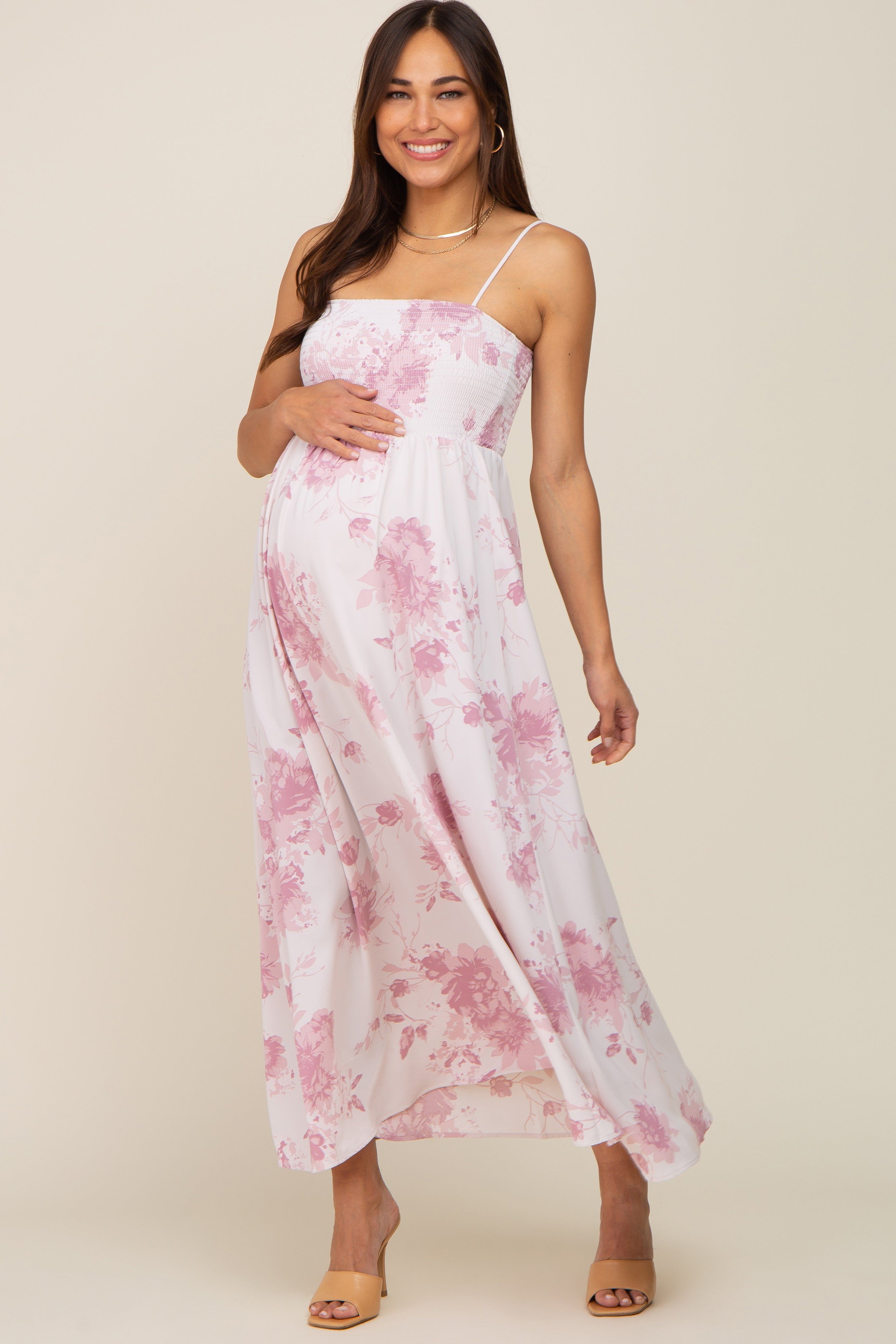 Mauve Floral Sleeveless Smocked Maternity Maxi Dress sold by Pinkblush product image thumbnail 4