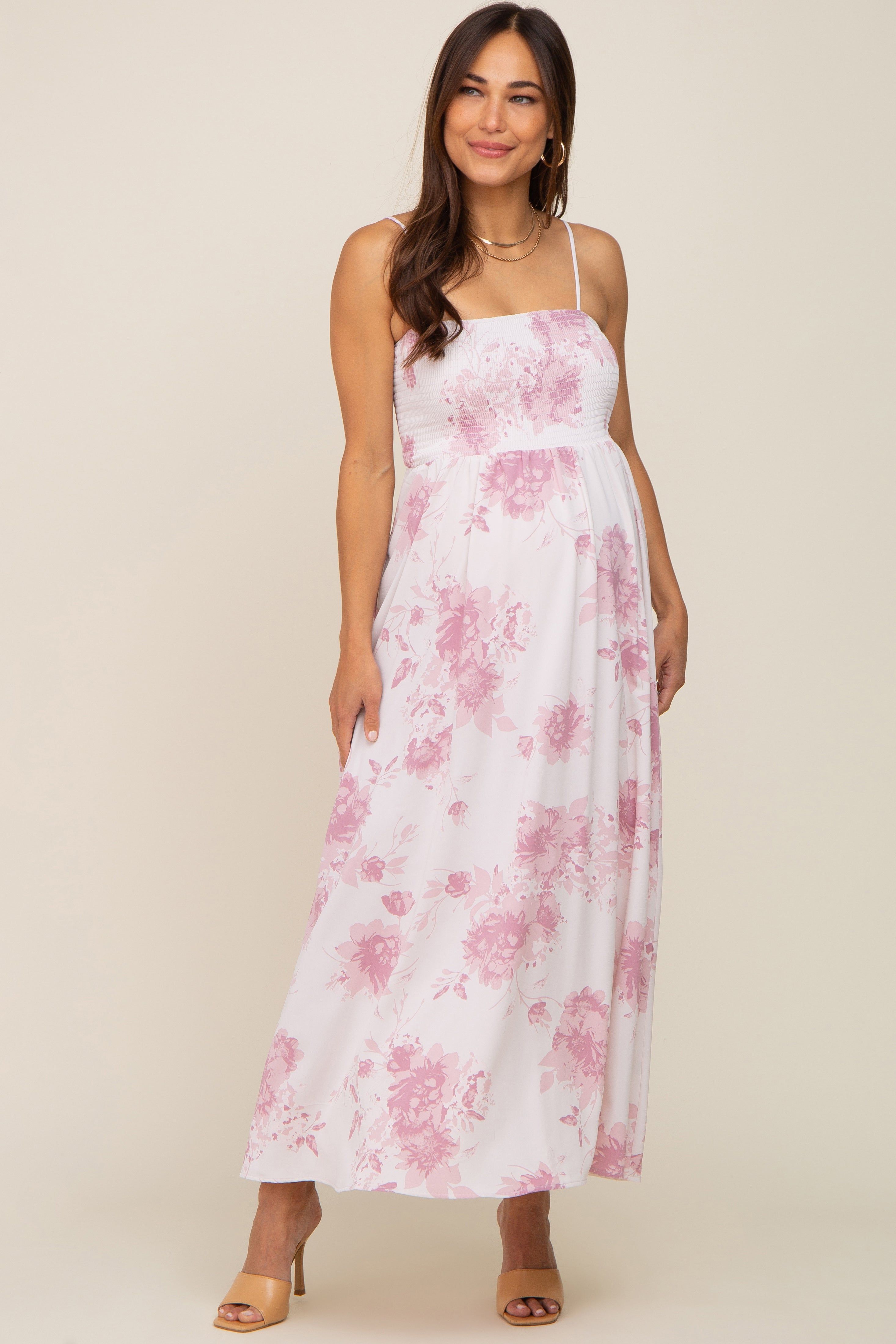 Mauve Floral Sleeveless Smocked Maternity Maxi Dress sold by Pinkblush