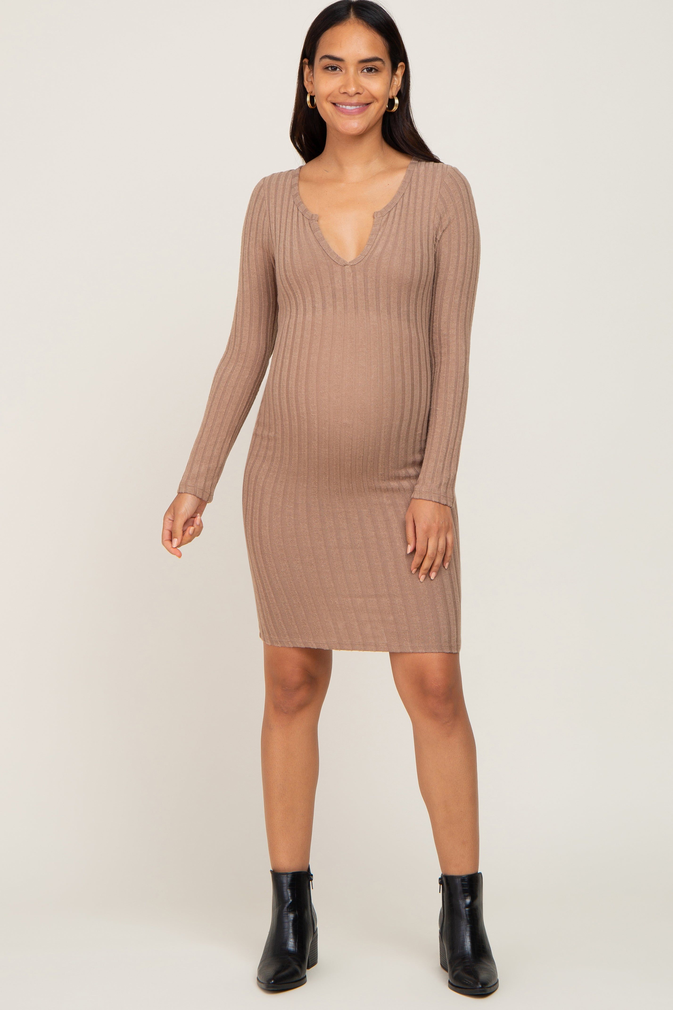 Taupe Soft Ribbed Long Sleeve Maternity Midi Dress sold by Pinkblush