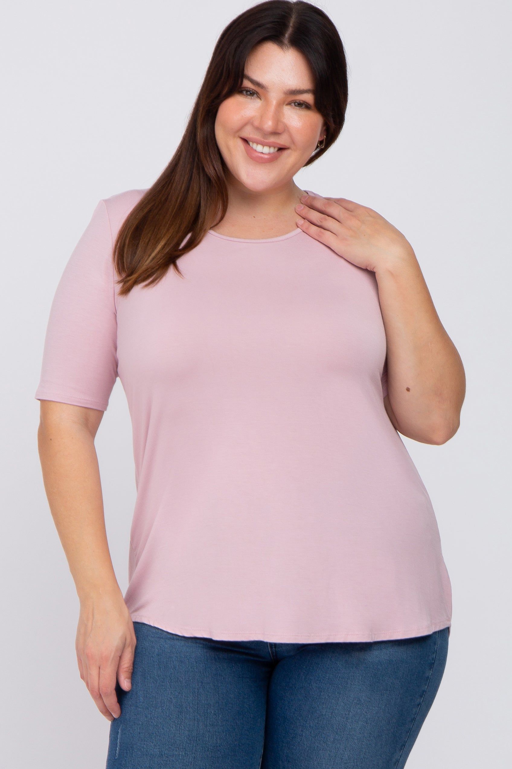 Pink Solid Short Sleeve Plus Top sold by Pinkblush