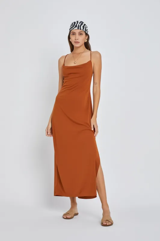 Rust Draped Neck Side Slit Maxi Dress sold by Pinkblush