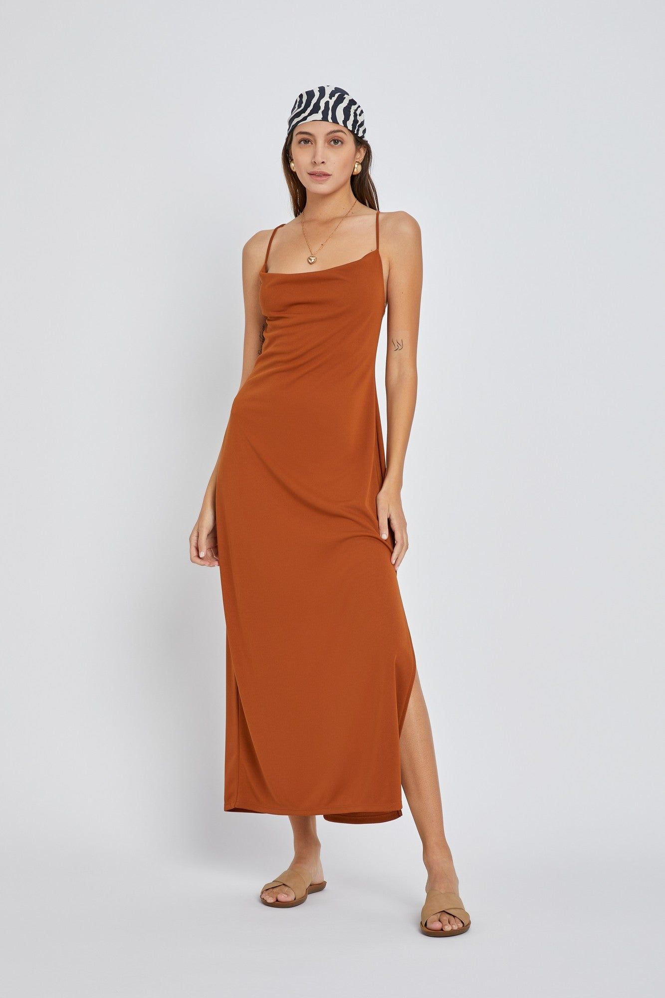 Rust Draped Neck Side Slit Maxi Dress sold by Pinkblush