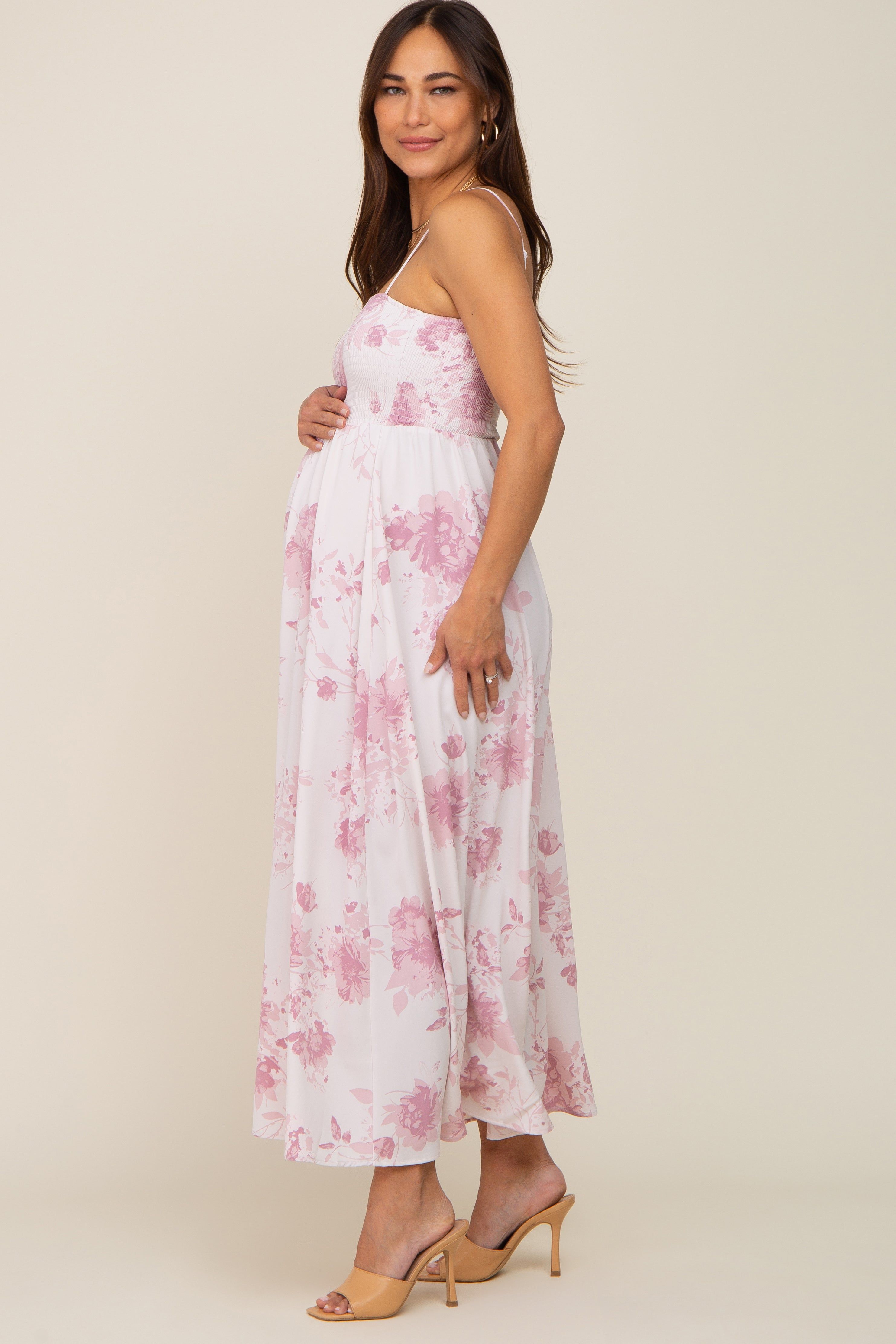 Mauve Floral Sleeveless Smocked Maternity Maxi Dress sold by Pinkblush product image thumbnail 2