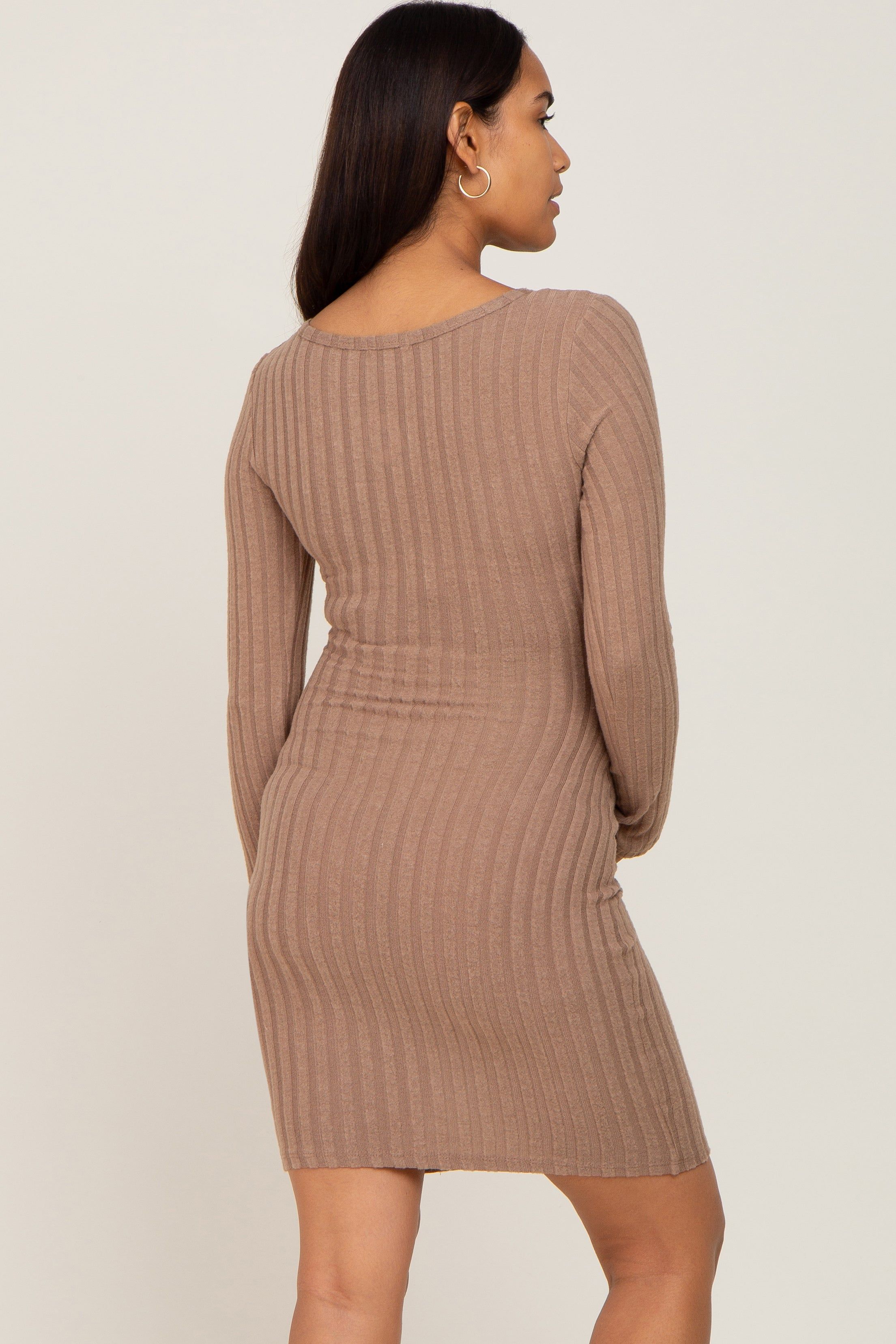 Taupe Soft Ribbed Long Sleeve Maternity Midi Dress sold by Pinkblush product image thumbnail 4