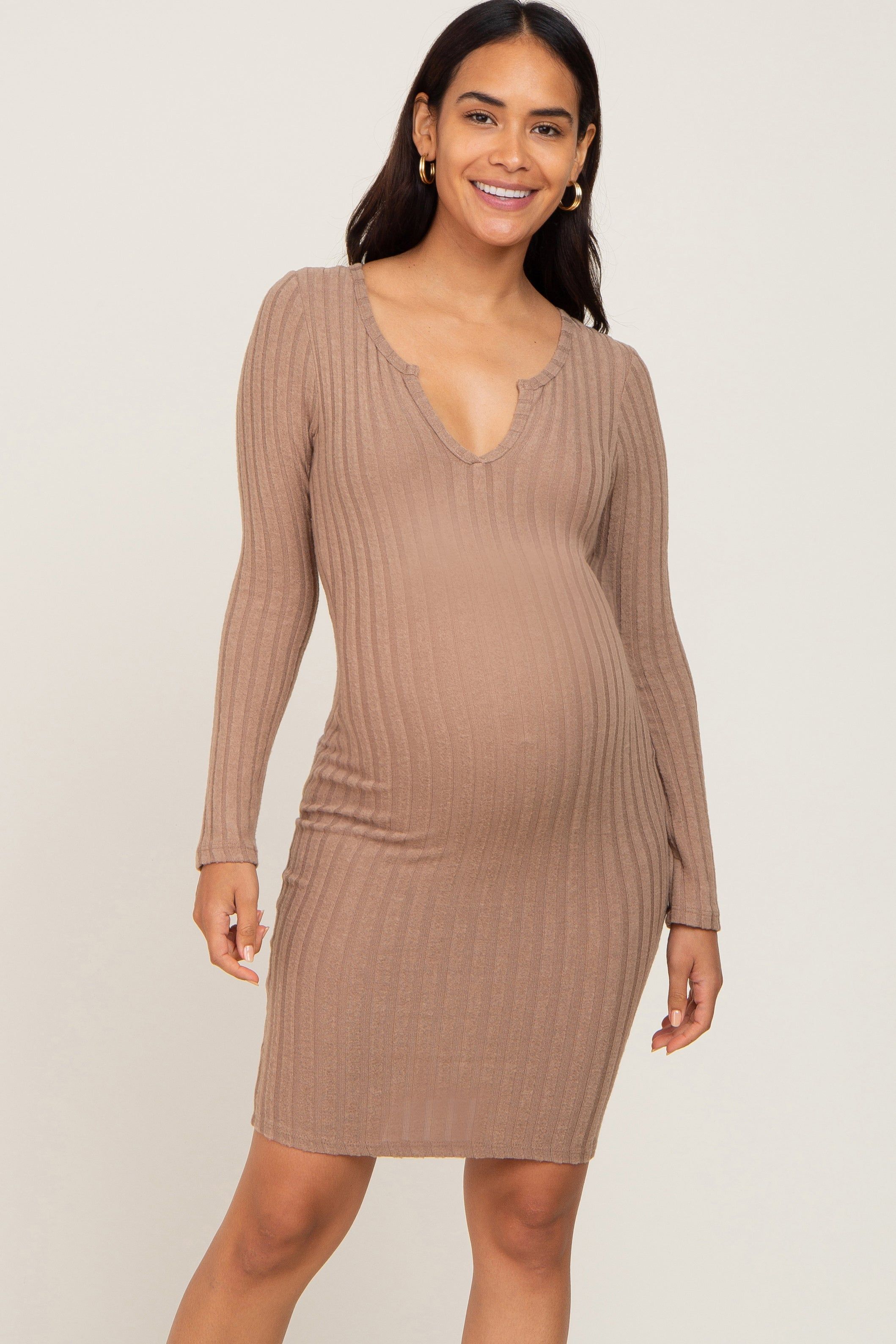 Taupe Soft Ribbed Long Sleeve Maternity Midi Dress sold by Pinkblush product image thumbnail 2