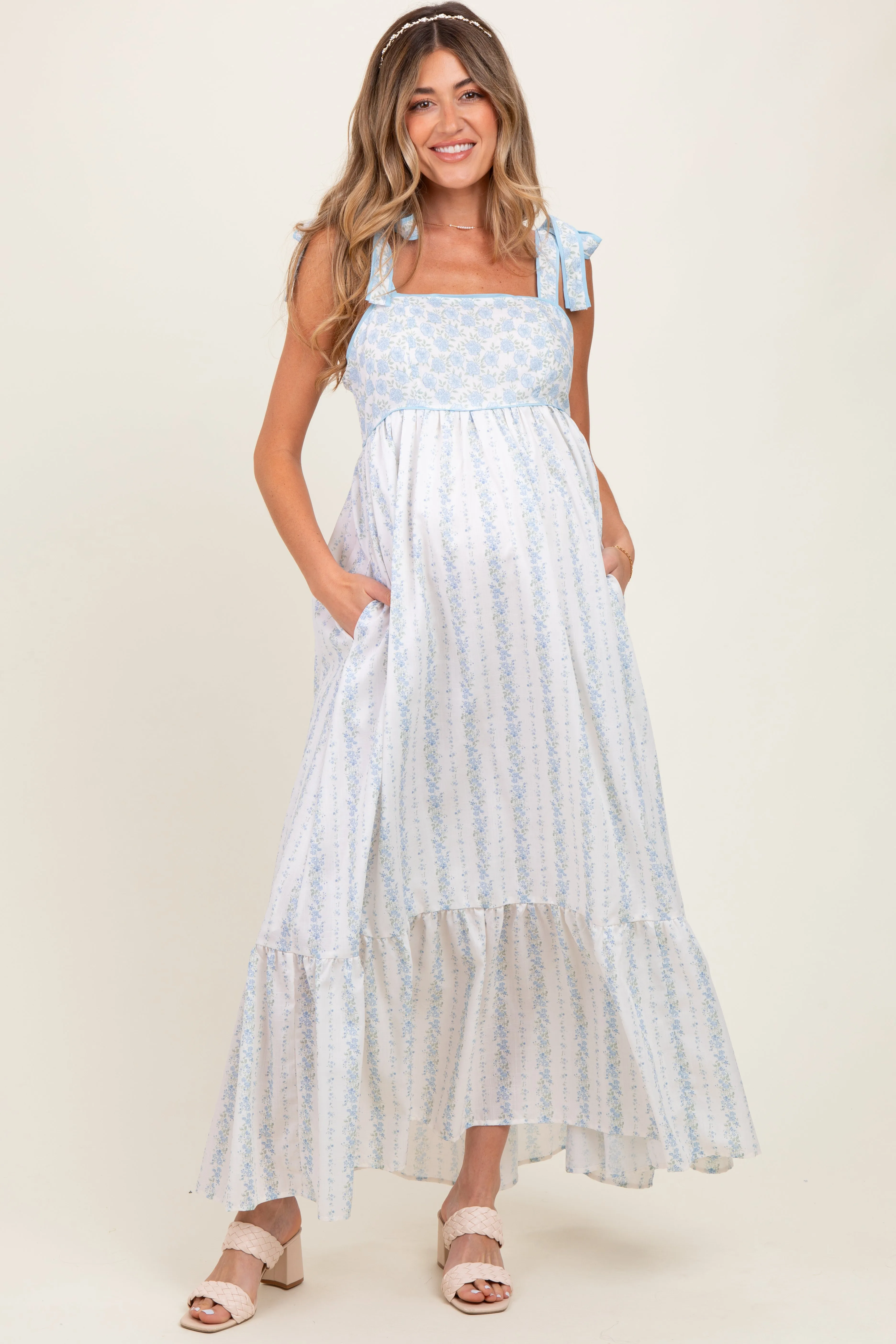 Light Blue Floral Cotton Maternity Dress sold by Pinkblush