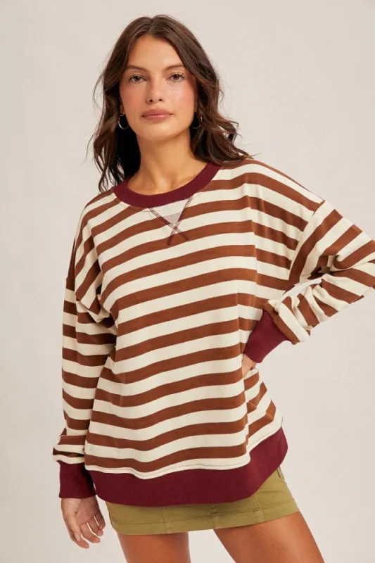 Brown Contrast Stripe Oversized Sweatshirt sold by Pinkblush