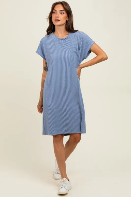 Blue Ribbed Front Pocket Dolman Short Sleeve Dress sold by Pinkblush