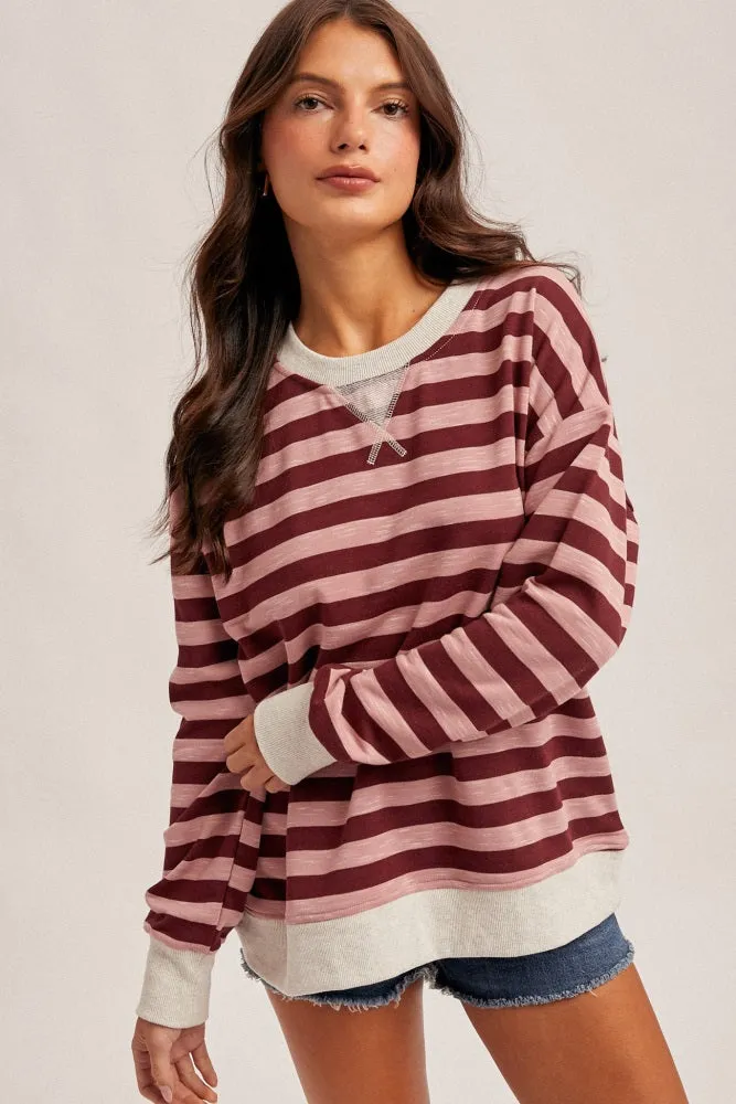 Burgundy Contrast Stripe Oversized Sweatshirt sold by Pinkblush