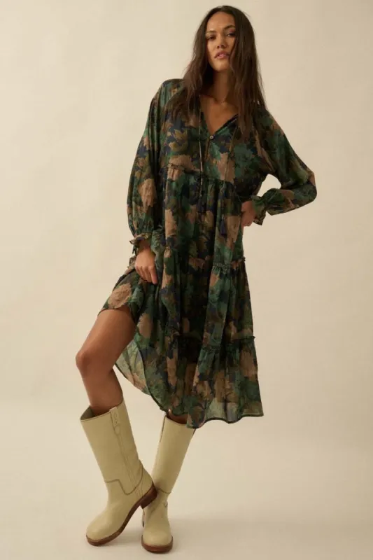 Navy Floral Chiffon Ruffle Tiered Midi Dress sold by Pinkblush