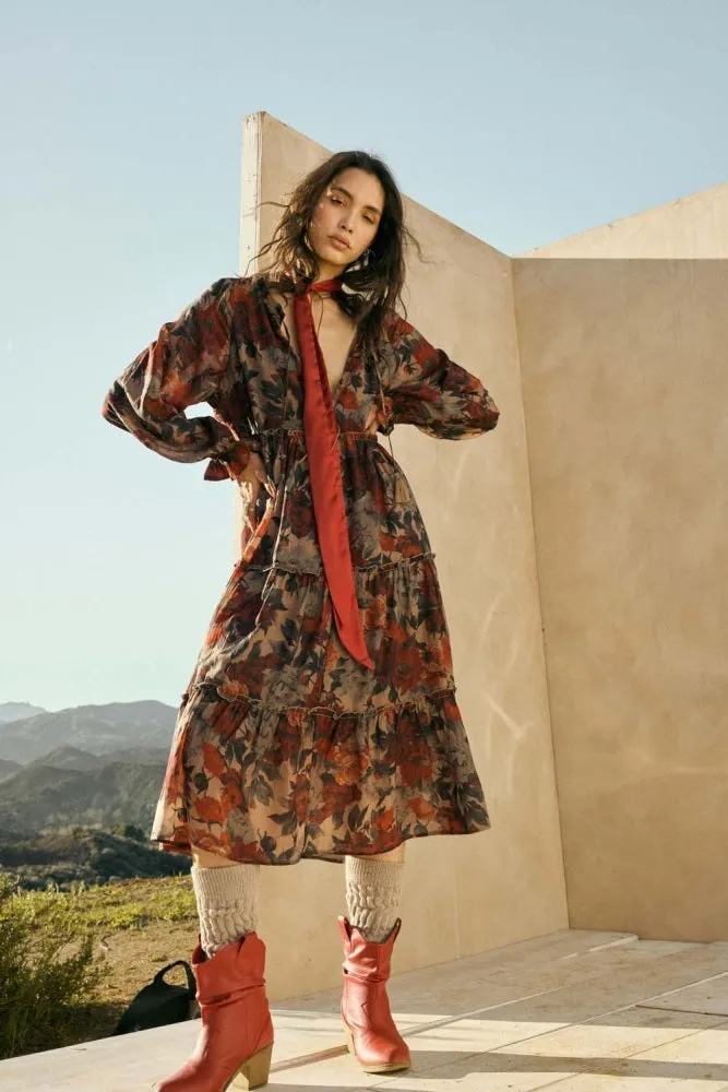 Beige Floral Chiffon Ruffle Tiered Midi Dress sold by Pinkblush